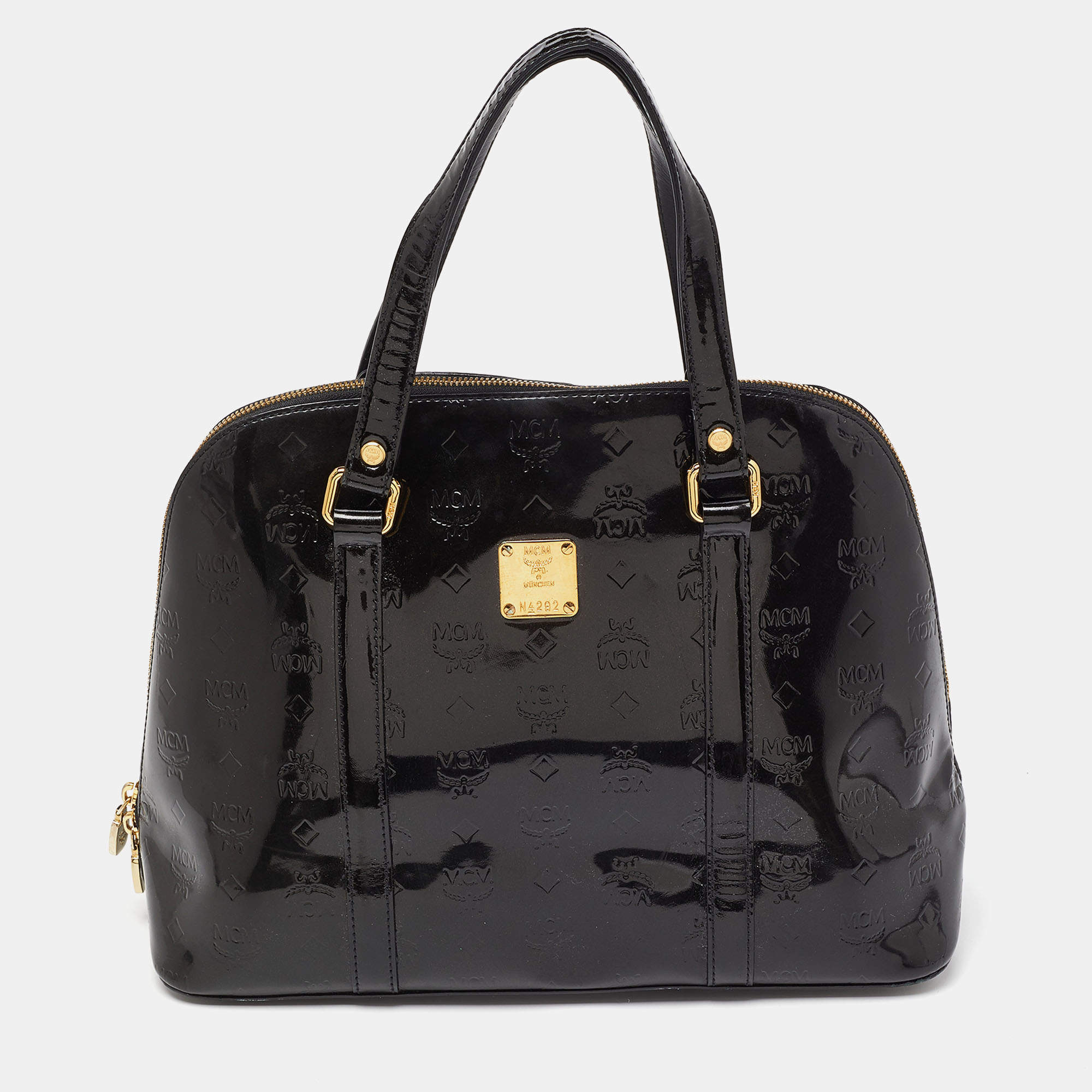 MCM Black Patent Leather Zip Satchel