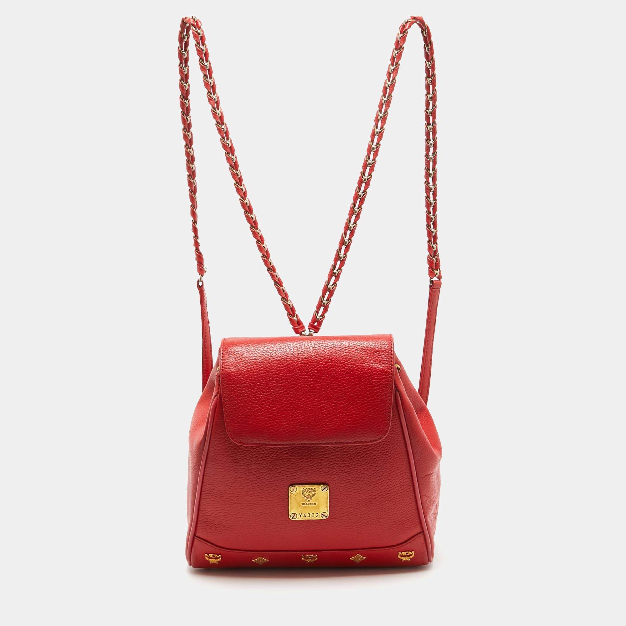 MCM Red Leather Studded Flap Backpack