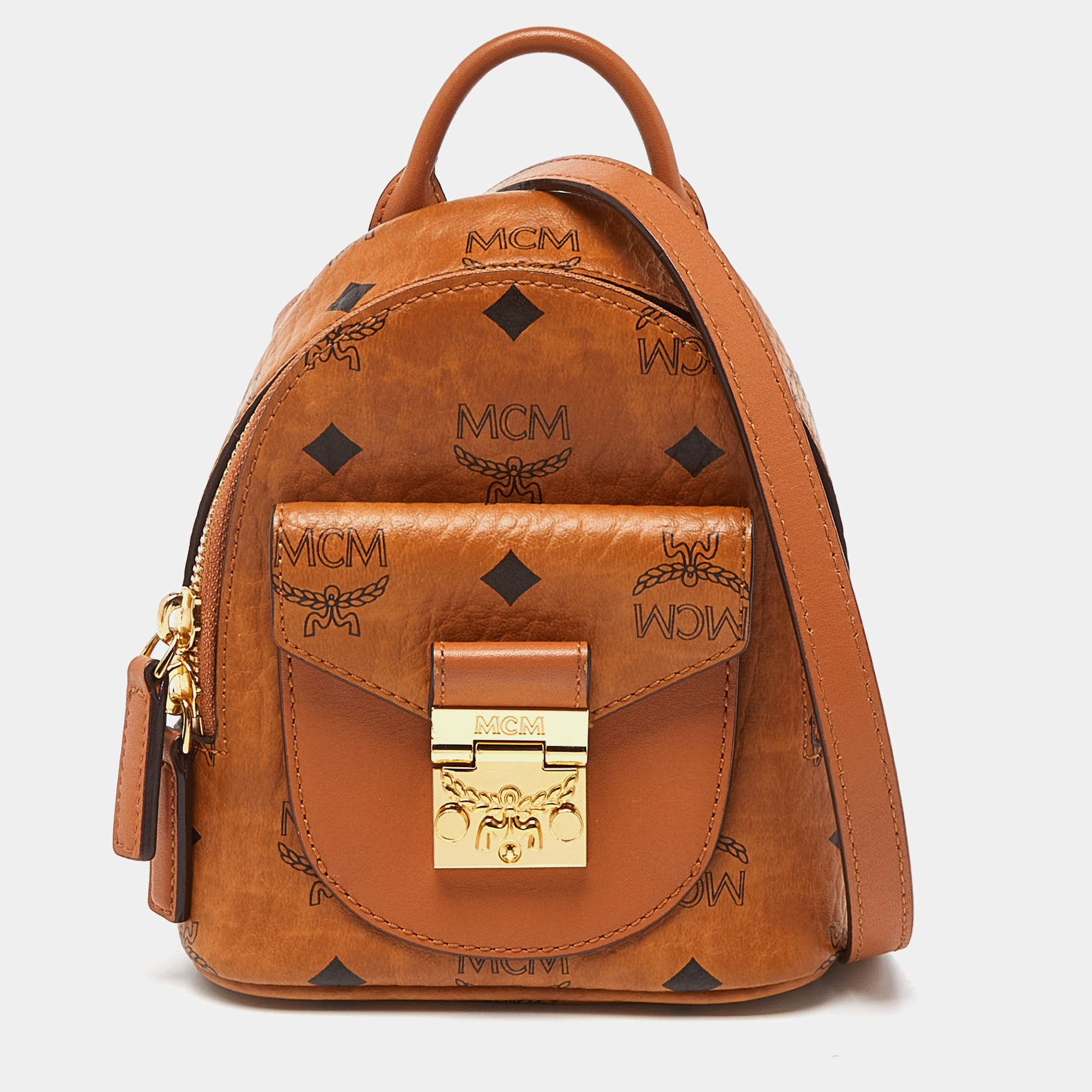 MCM Cognac Visetos Coated Canvas and Leather Mini Patricia Backpack