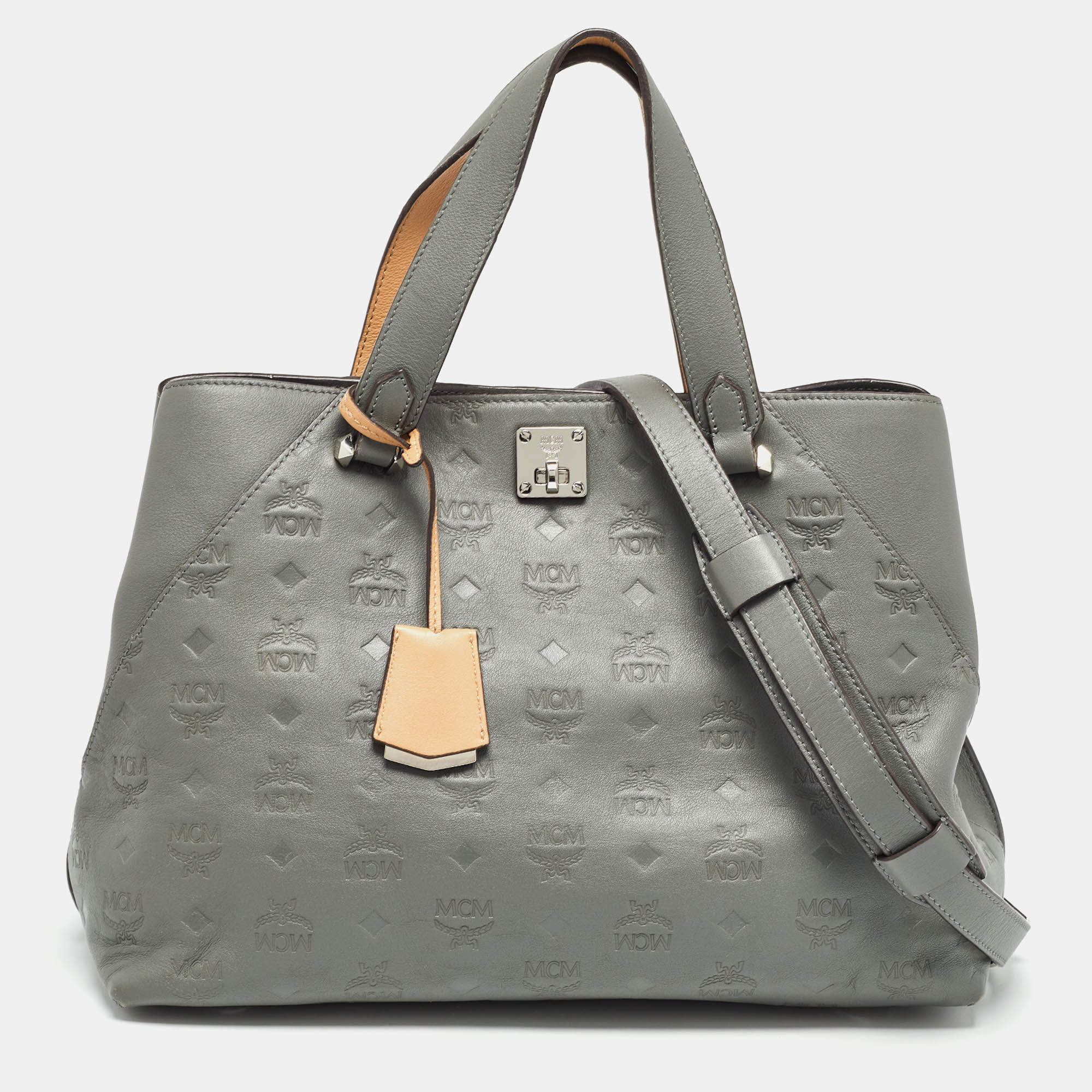 MCM Grey/Brown Monogram Embossed Leather Essential Tote