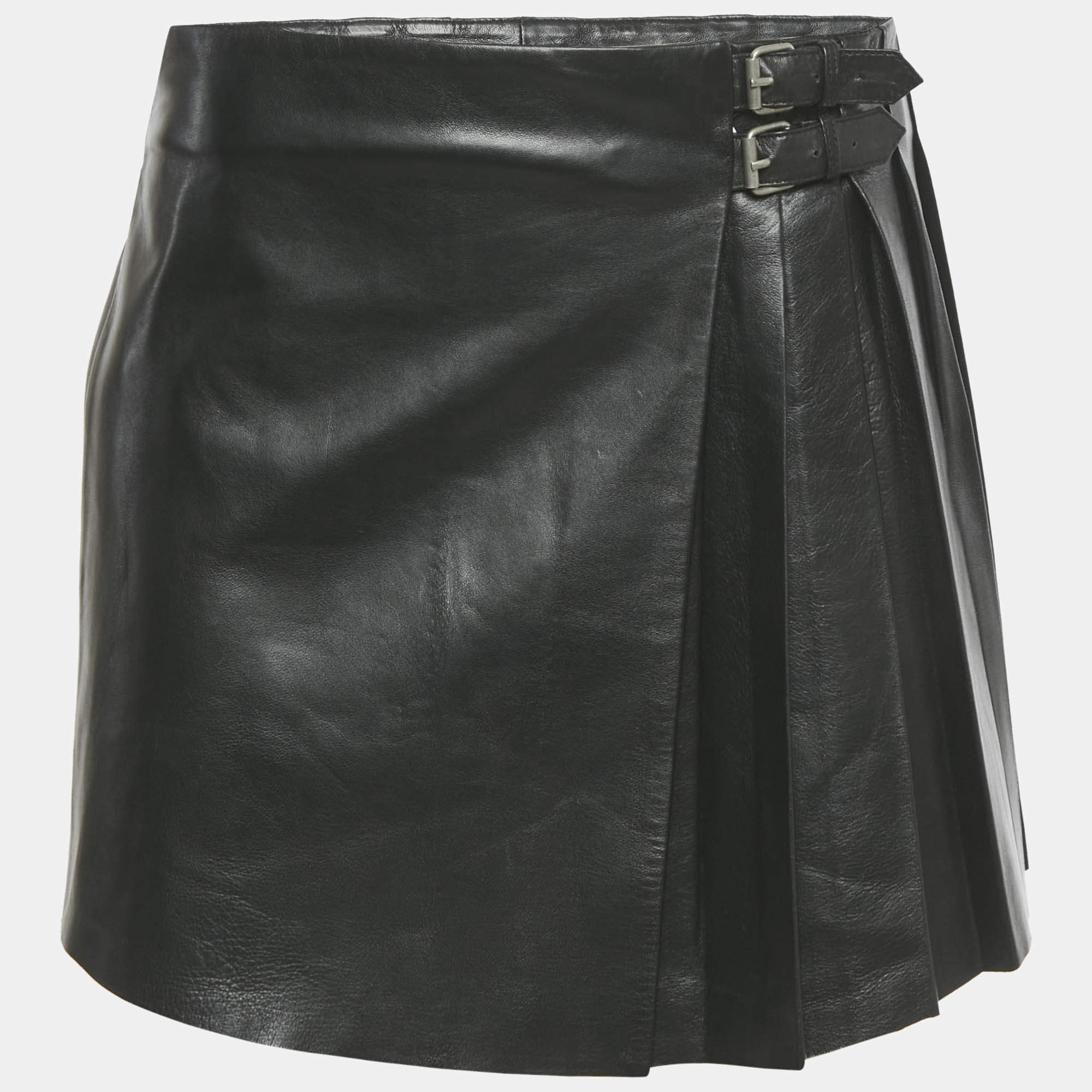 مملوكة مسبقًا McQ by Alexander McQueen Black Leather Pleated Wrap Mini Skirt S