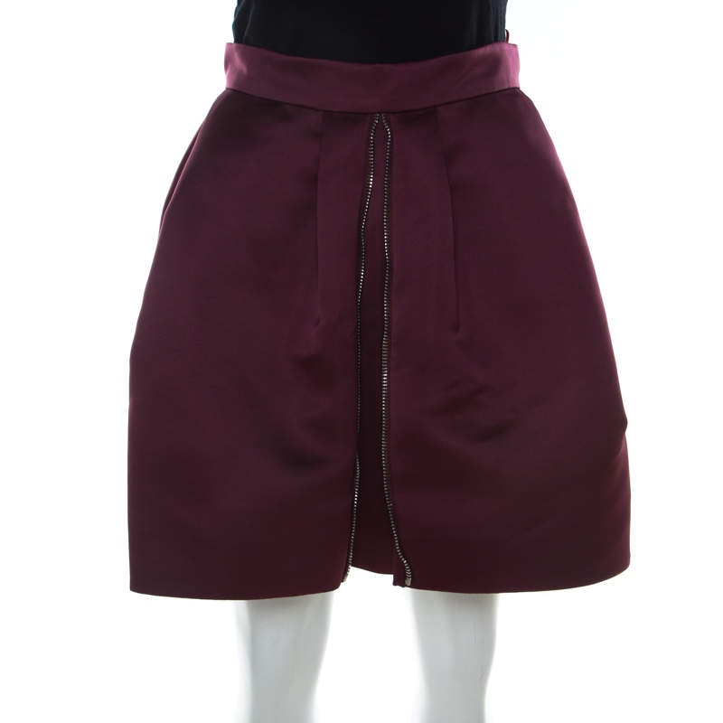 Pre Owned McQ by Alexander McQueen Burgundy Satin Zip Detail Duchess Skirt S