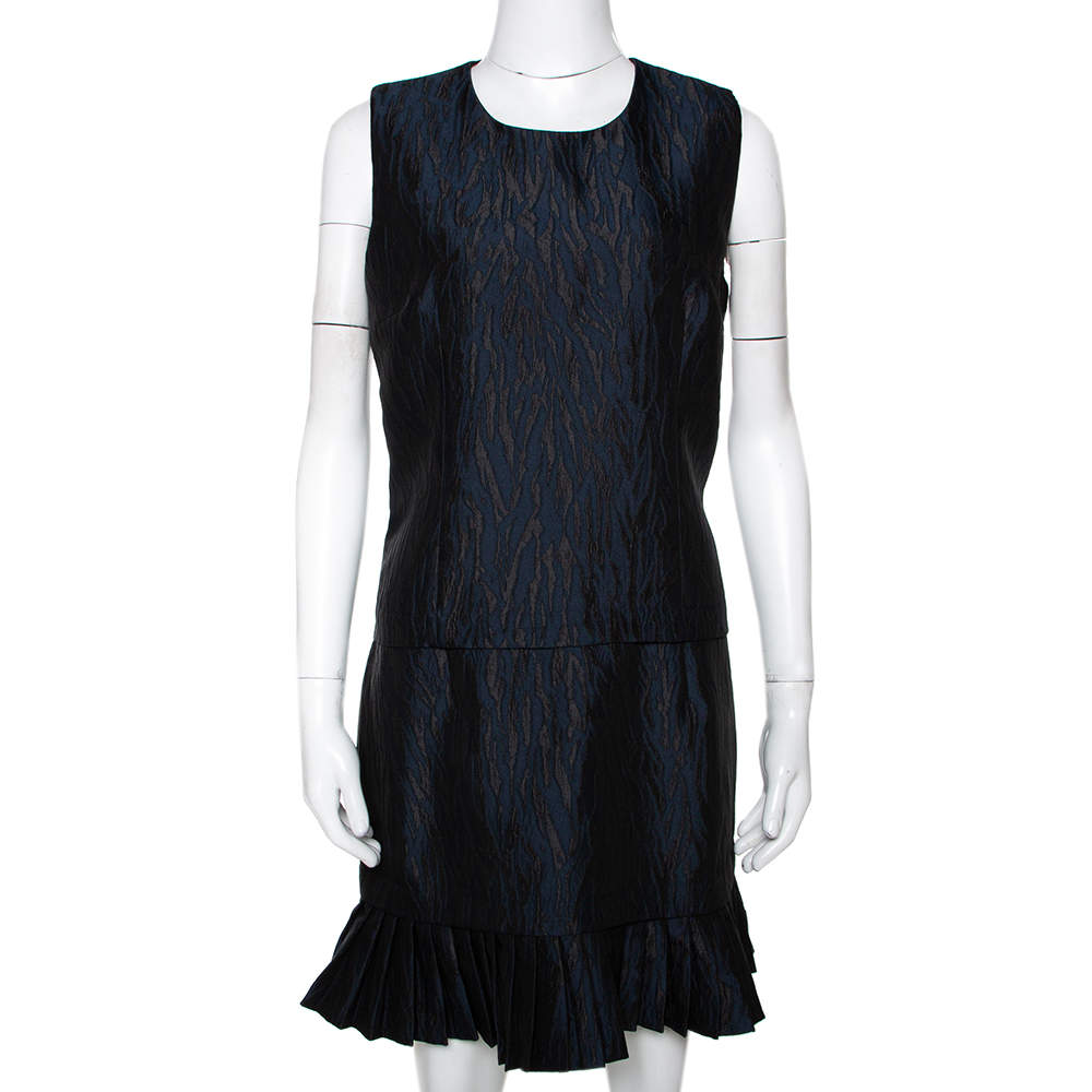 Mcq by Alexander McQueen Navy Blue Jacquard Pleated Mini Dress M McQ by ...