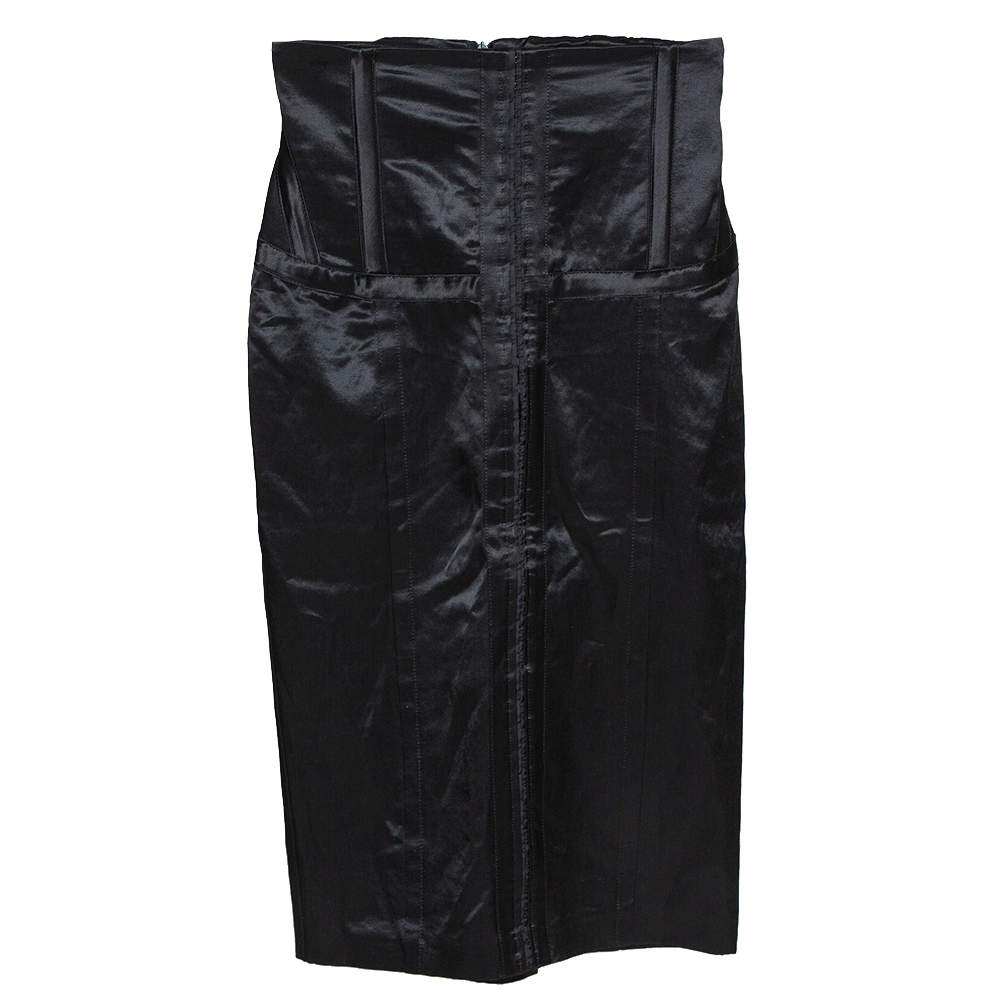 Pre Owned McQ by Alexander McQueen Black Cotton Blend Corset Waist Detail Pencil Skirt S