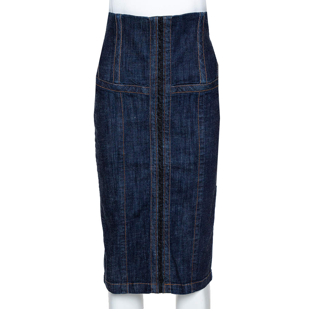 Pre Owned McQ by Alexander McQueen Indigo Denim Corset Waist Detail Pencil Skirt M