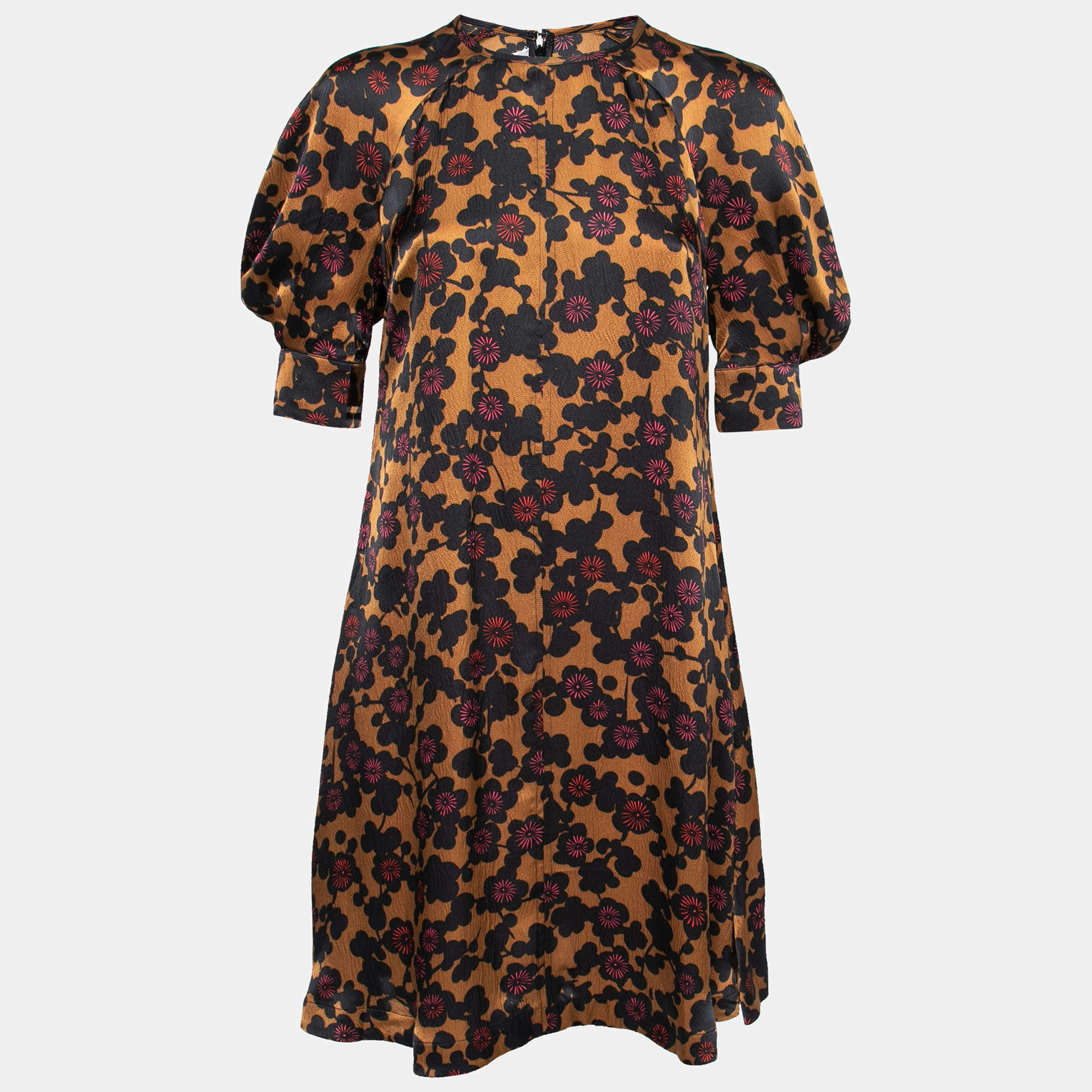 Pre Owned McQ by Alexander McQueen Golden Brown Floral Print Silk Mini Dress S