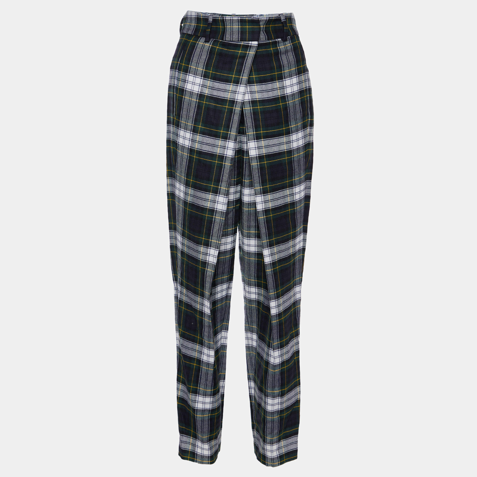 McQ by Alexander McQueen Green Tartan Wool Pleated Trousers S