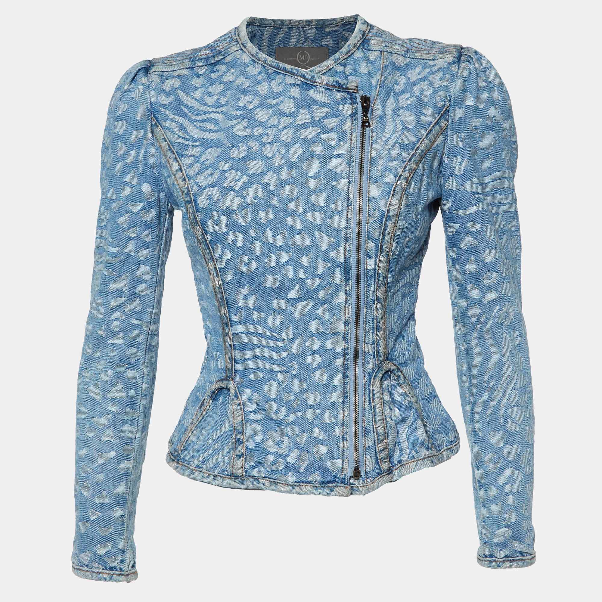Pre Owned McQ by Alexander McQueen Blue Animal Patterned Jacquard Denim Jacket S