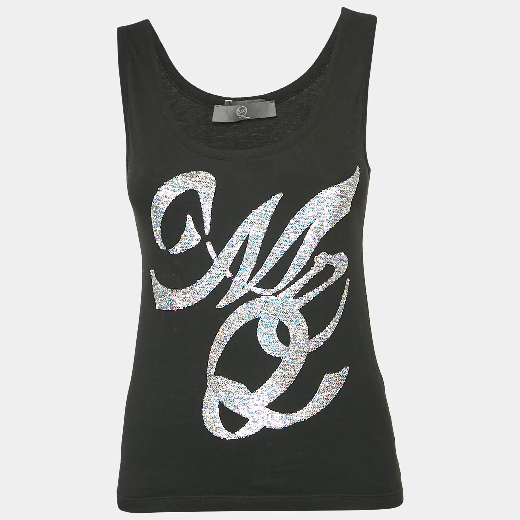 Pre Owned McQ by Alexander McQueen Black Logo Sequin Jersey Tank Top S