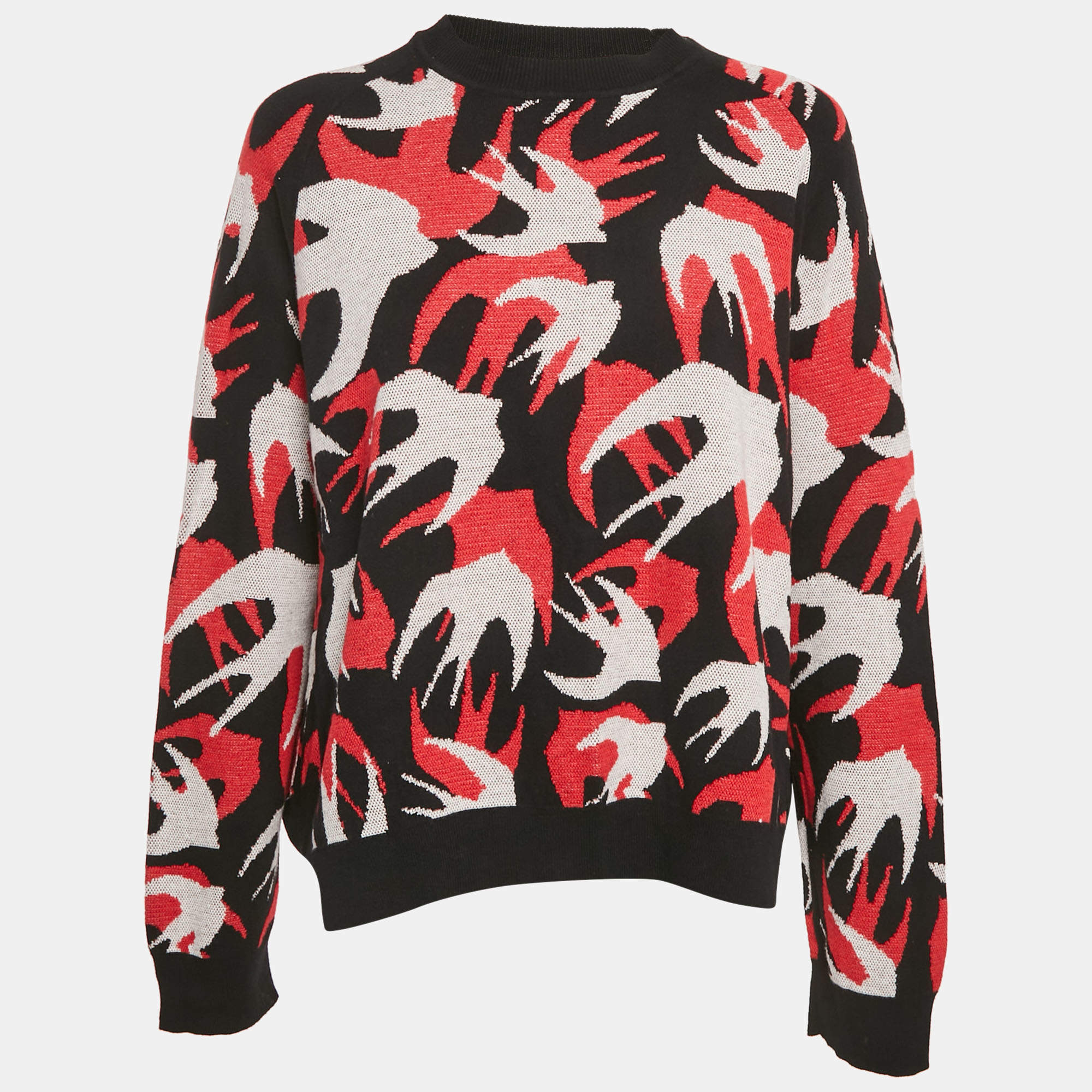 Pre Owned McQ by Alexander McQueen Red & Black Swallow Jacquard Knit Oversized Sweater L