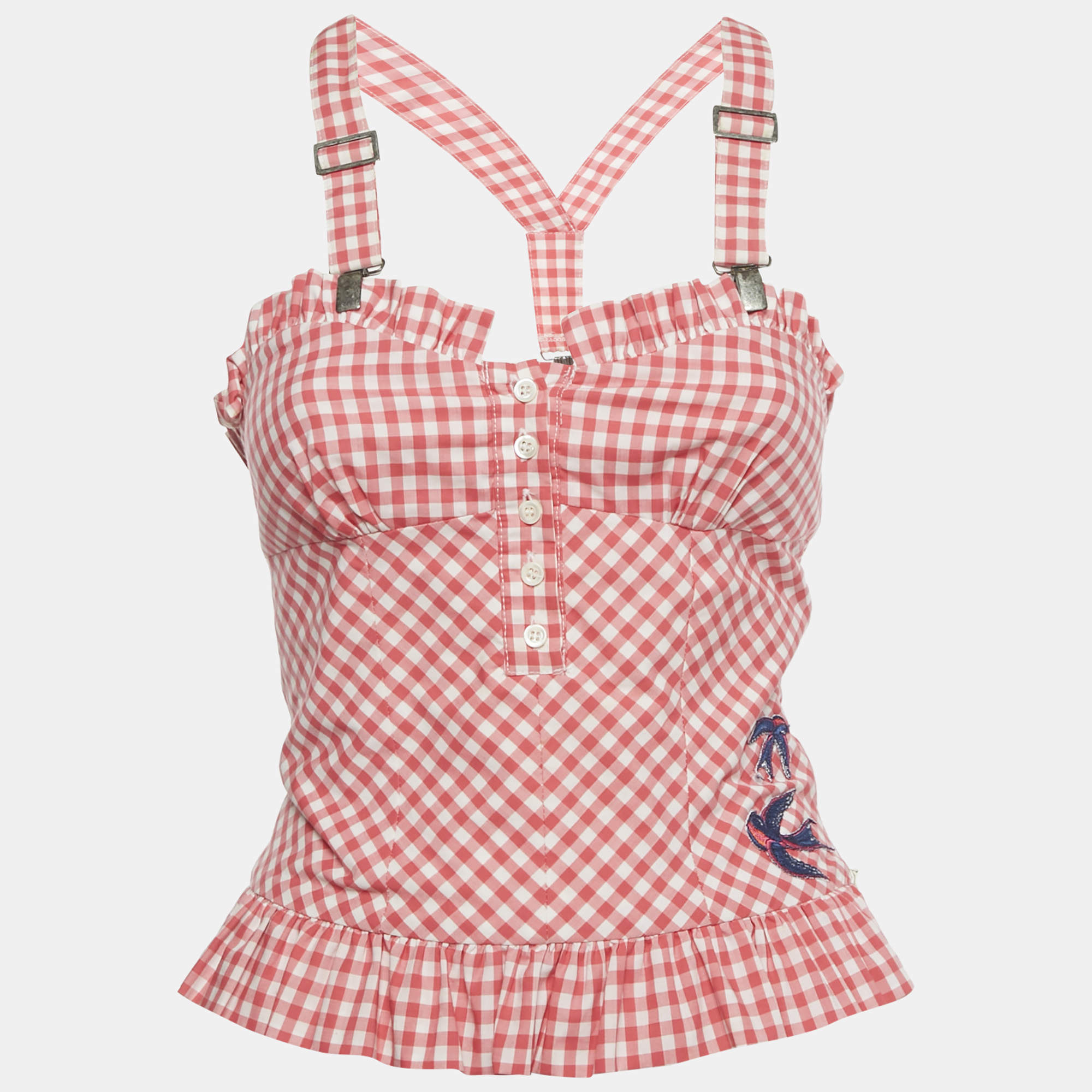 Pre Owned McQ by Alexander McQueen Pink Gingham Print  Suspender Strap Top S
