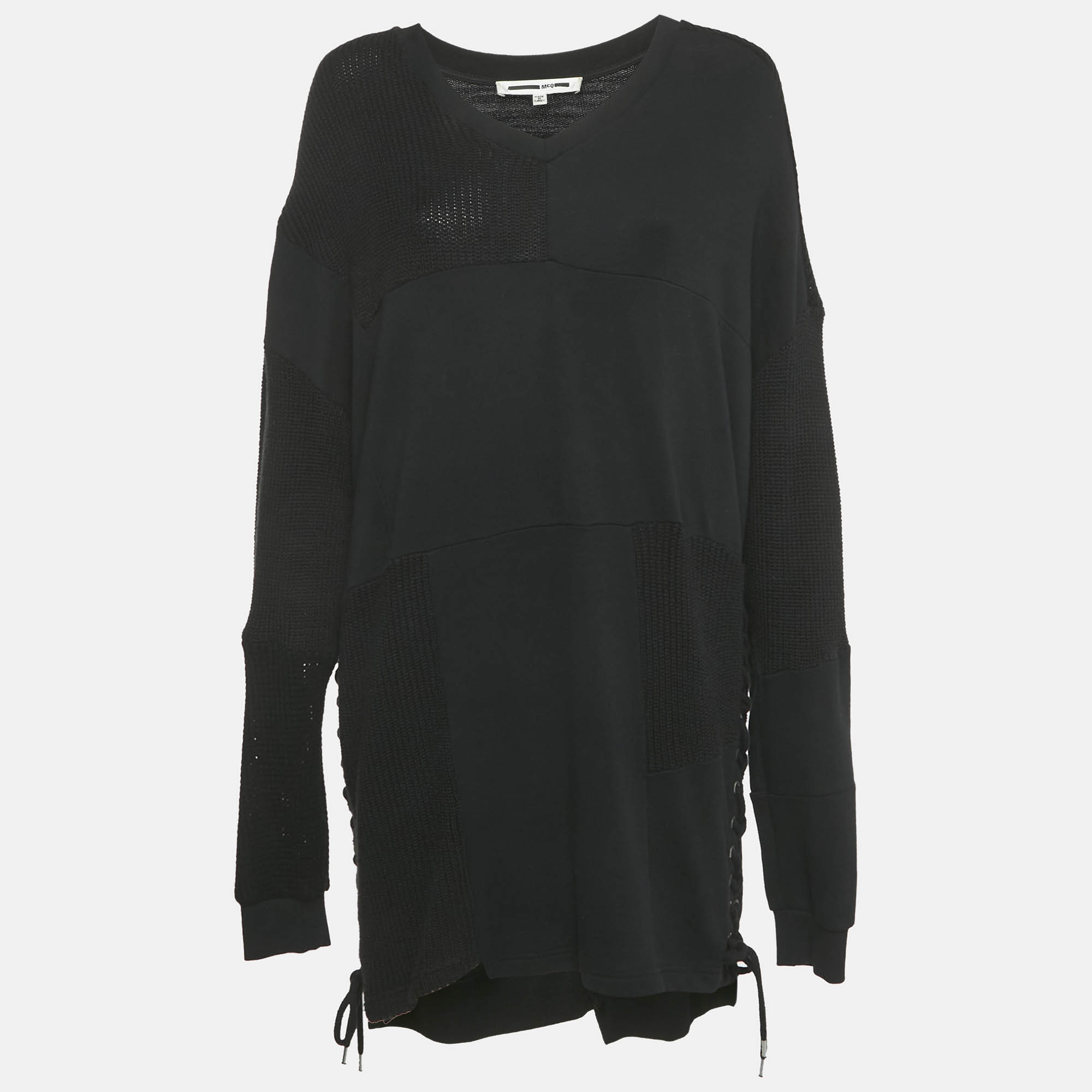 Pre Owned McQ by Alexander McQueen Black Rib Knit Patch Work Lace-Up Mini Dress S