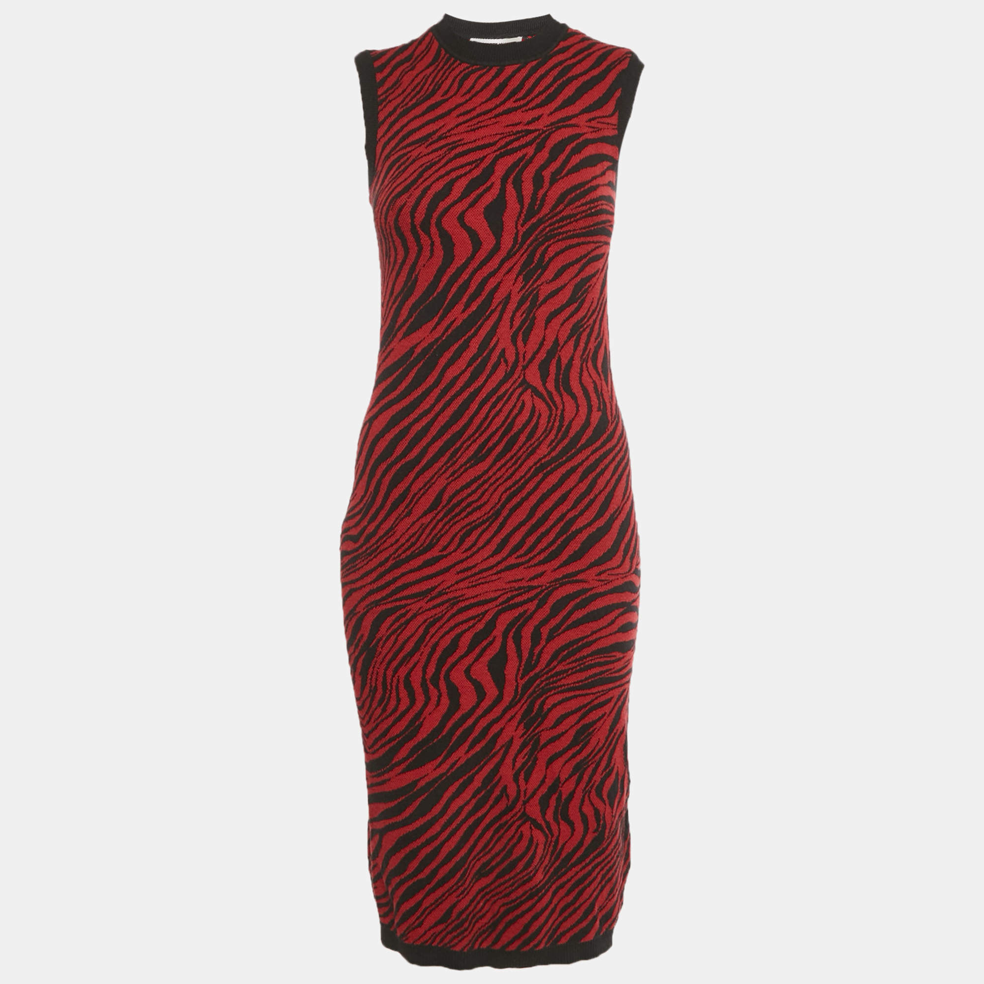 Pre Owned McQ by Alexander McQueen Red Animalskin Pattern Wool Midi Dress XXS