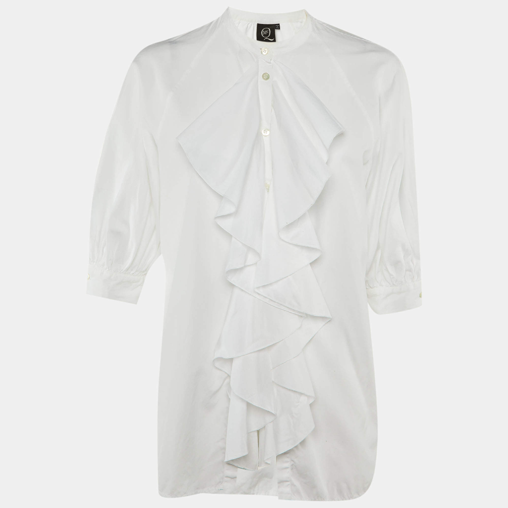 Pre Owned McQ By Alexander McQueen White Cotton Ruffle Detail Blouse L