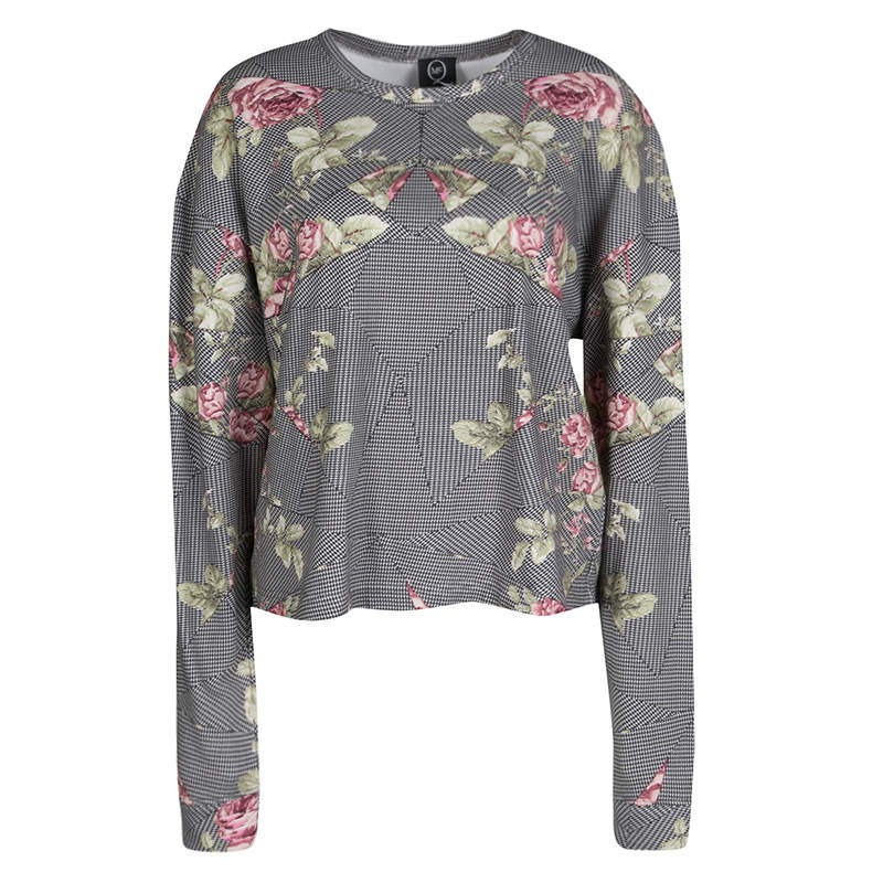 McQ by Alexander McQueen Rose and Houndstooth Print Long Sleeve Sweatshirt M