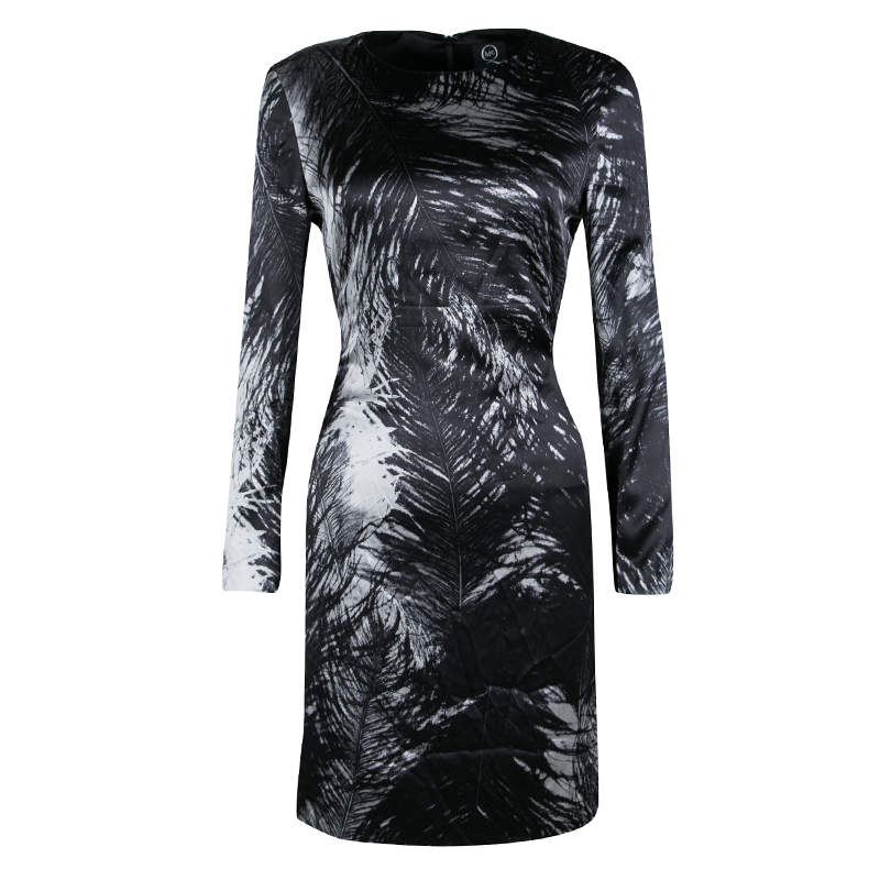 Pre Owned McQ by Alexander McQueen Monochrome Printed Silk Satin Long Sleeve Dress M