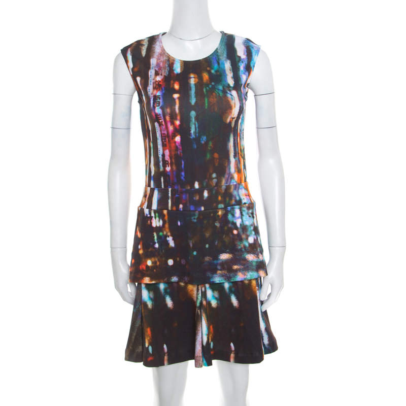 Pre Owned McQ by Alexander McQueen Blurry Lights Printed Jersey Sleeveless Peplum Dress S