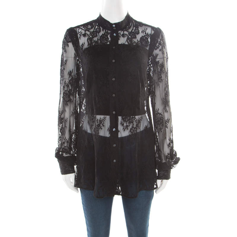 Pre Owned McQ By Alexander McQueen Black Floral Lace Long Sleeve Blouse L