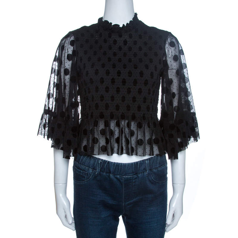 Pre Owned McQ by Alexander McQueen Black Shirred Tulle Peplum Top S