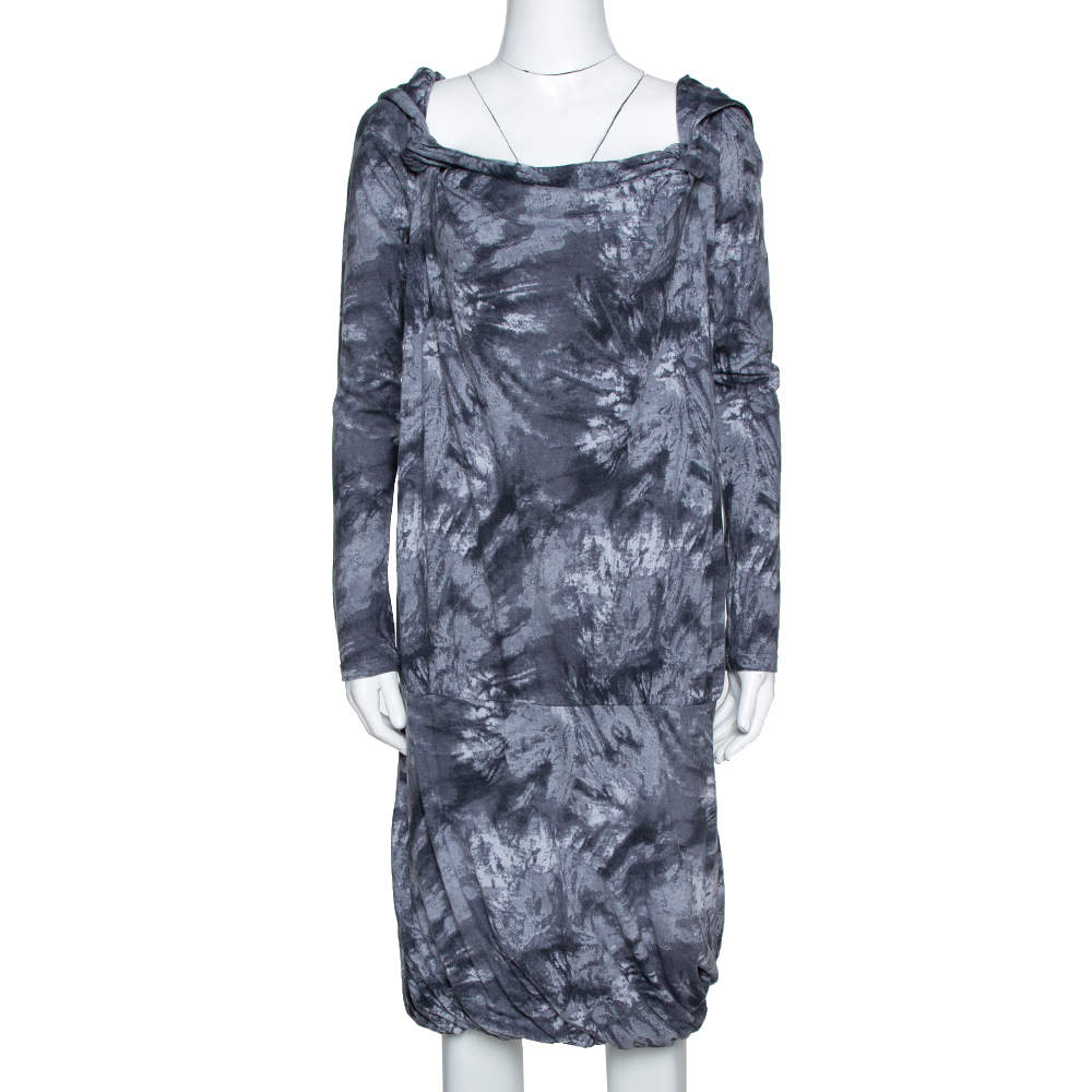 McQ by Alexander McQueen Graphite Printed Cotton Jersey Hooded Dress XS