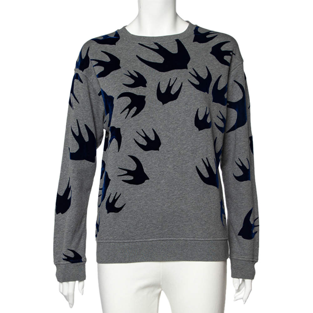 Pre Owned McQ by Alexander McQueen Grey Flocked Swallow Print Cotton Sweatshirt S