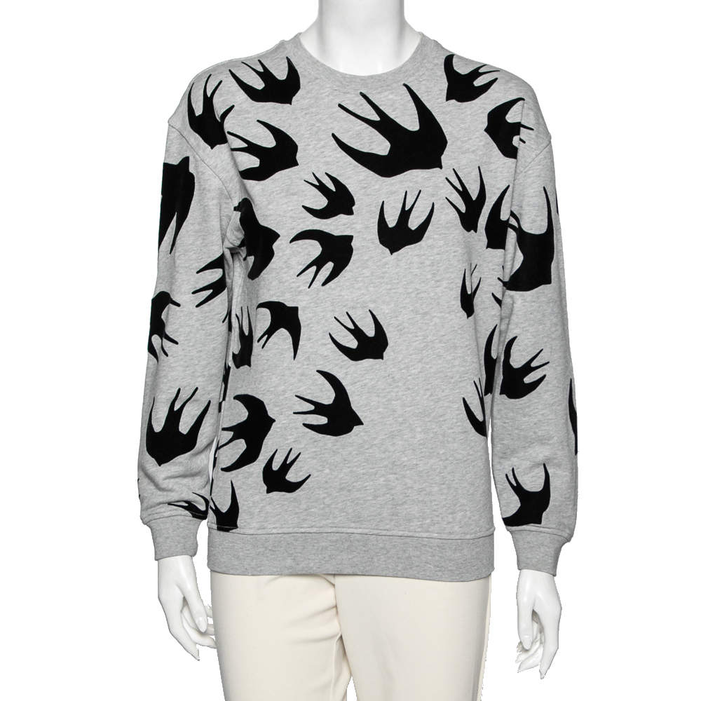 McQ by Alexander McQueen Grey Flocked Swallow Cotton Knit Crewneck