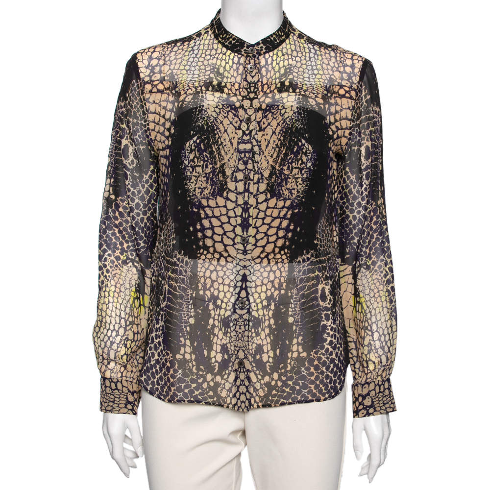 Pre Owned McQ by Alexander McQueen Multicolor Croc Printed Silk Long Sleeve Blouse M
