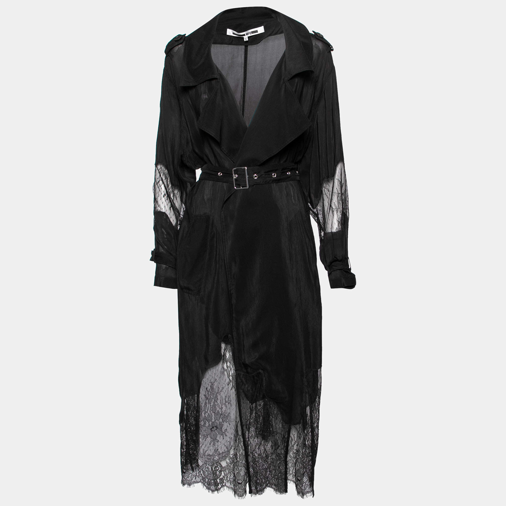 McQ by Alexander McQueen Black Crepe Lace Hem Coat L