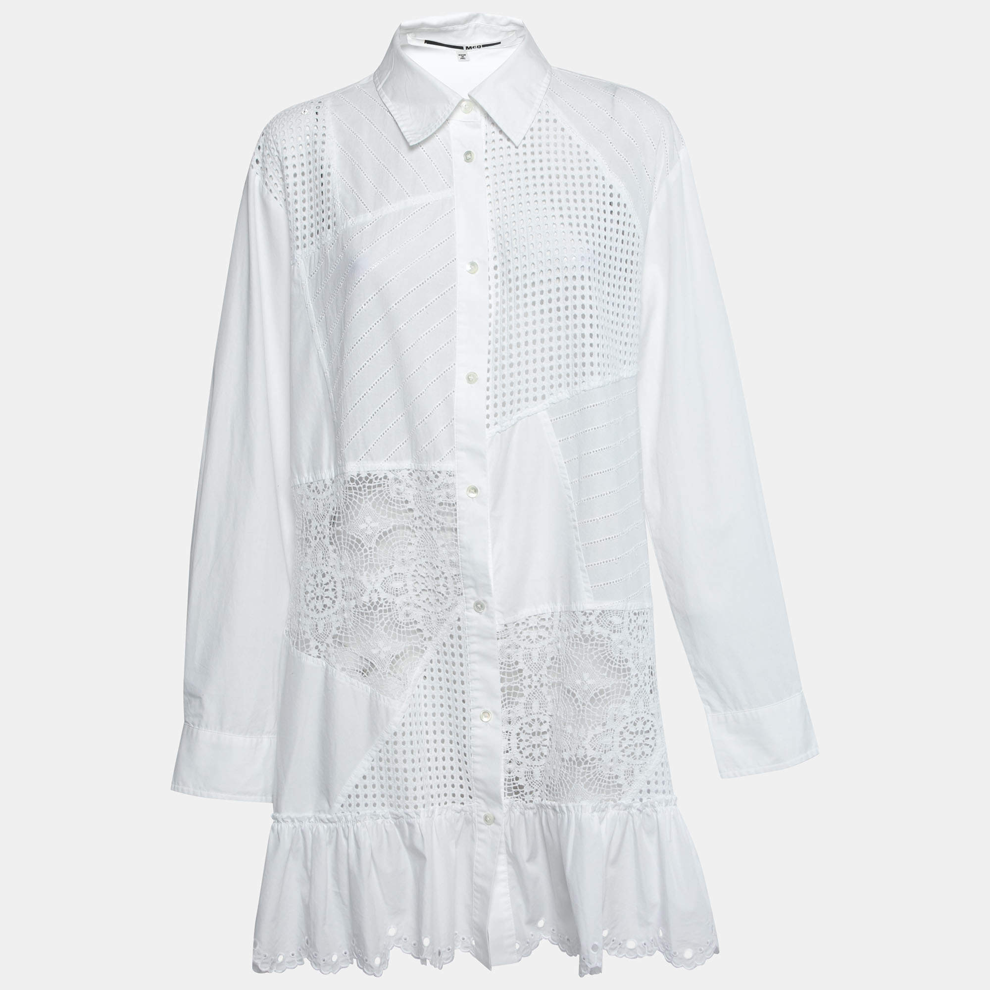 Pre Owned McQ by Alexander McQueen White Eyelet Embroidered Cotton Shirtdress L
