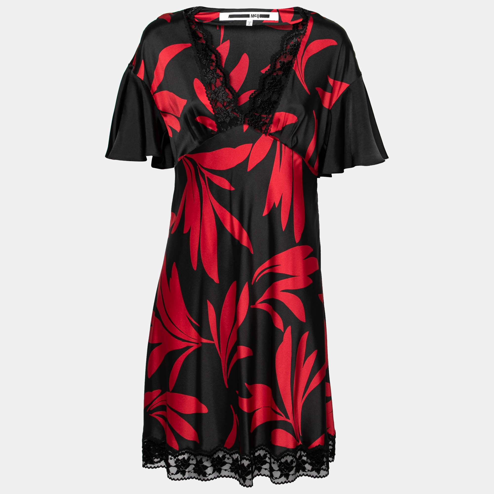 Pre Owned McQ By Alexander McQueen Black & Red Floral Print Satin Flare Sleeve Dress M