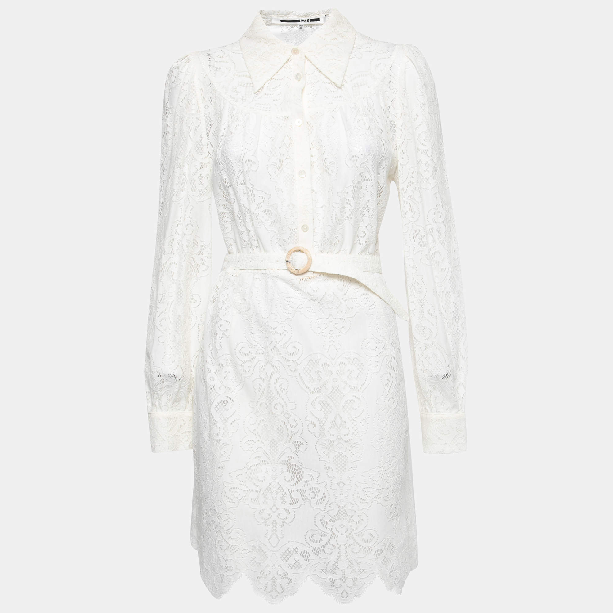 مملوكة مسبقًا McQ by Alexander McQueen Off White Lace Belted Button Front Dress M