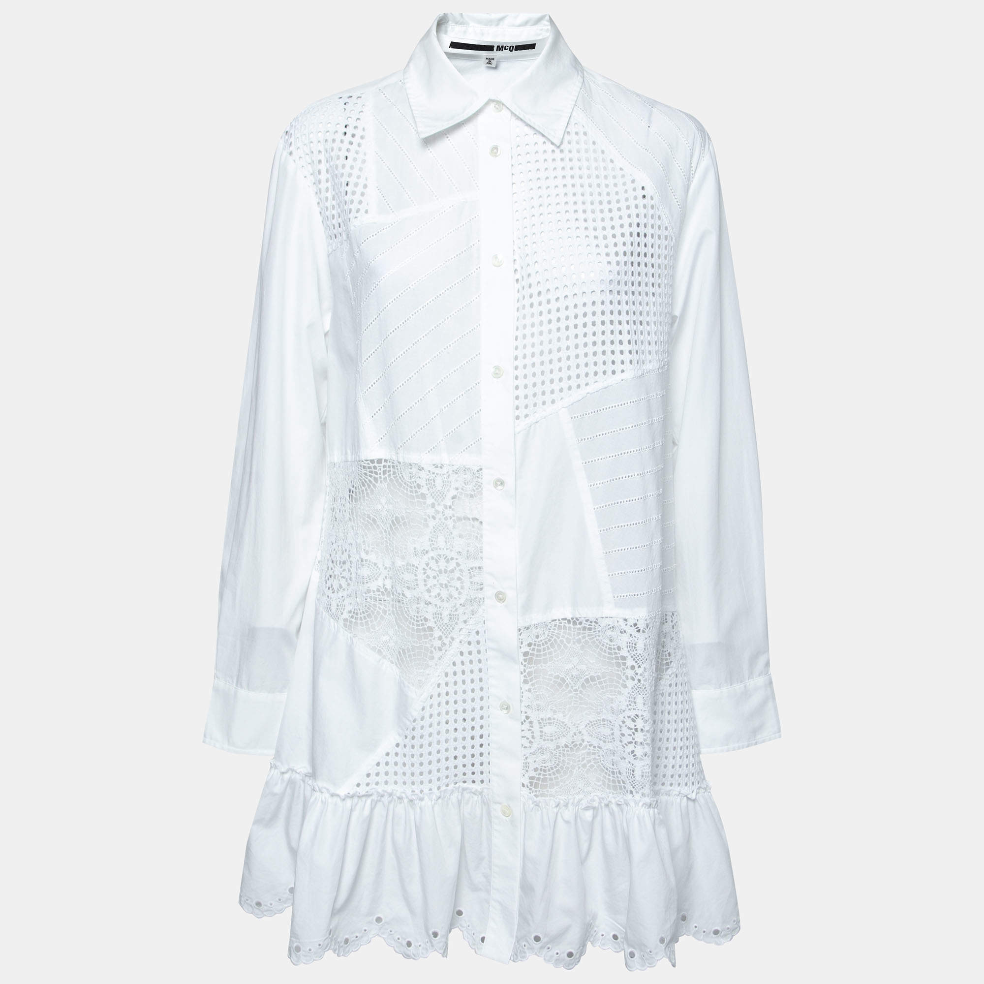 Pre Owned McQ by Alexander McQueen White Eyelet Embroidered Cotton Shirtdress S
