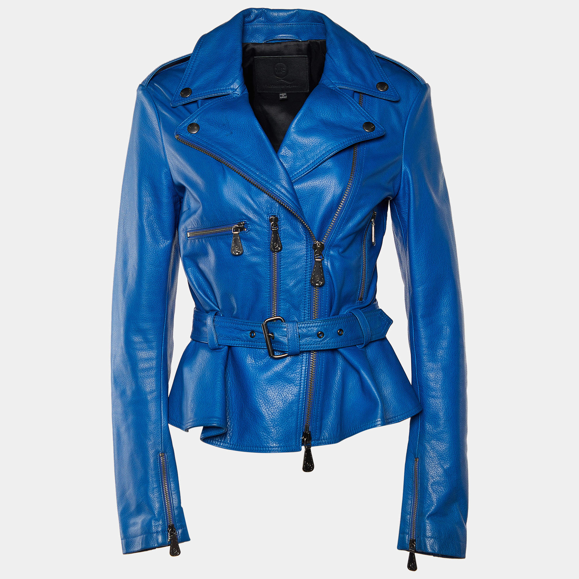 Pre Owned McQ by Alexander McQueen Blue Leather Belted Moto Jacket S
