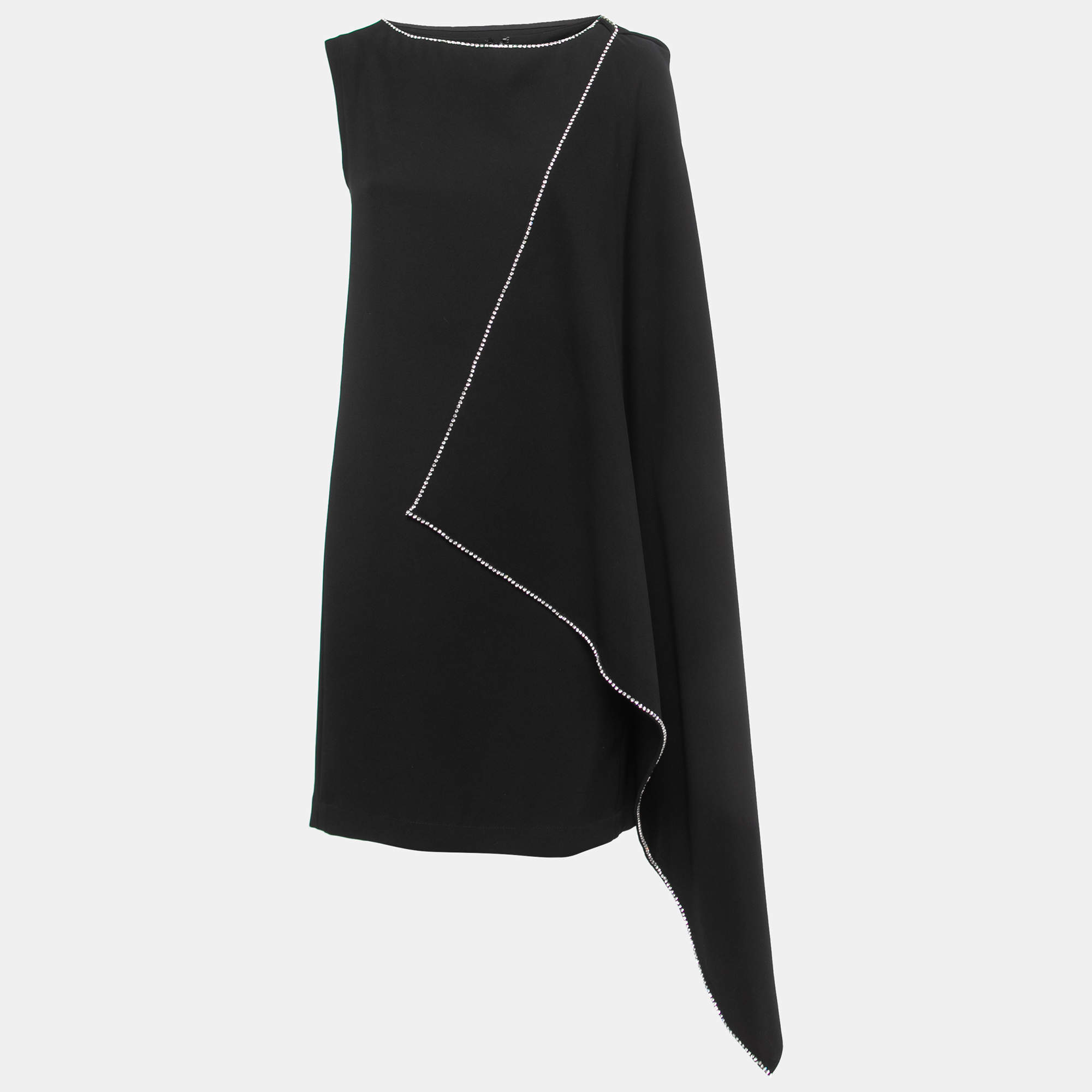 Pre Owned McQ by Alexander McQueen Black Crepe Rhinestone Embellished Cape Effect Midi Dress M