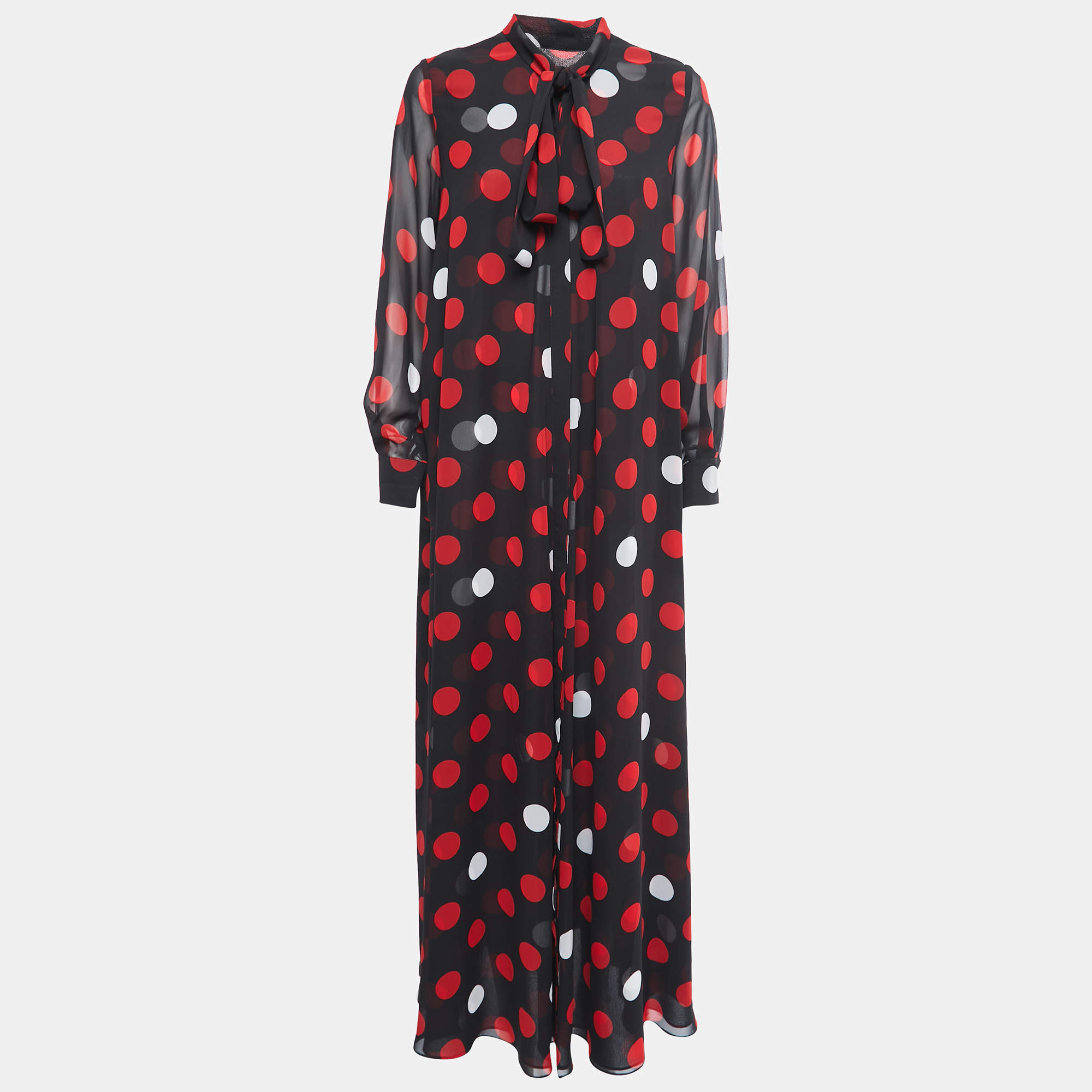 Pre Owned McQ by Alexander McQueen Black Polka Dotted Synthetic Button Front Maxi Dress M