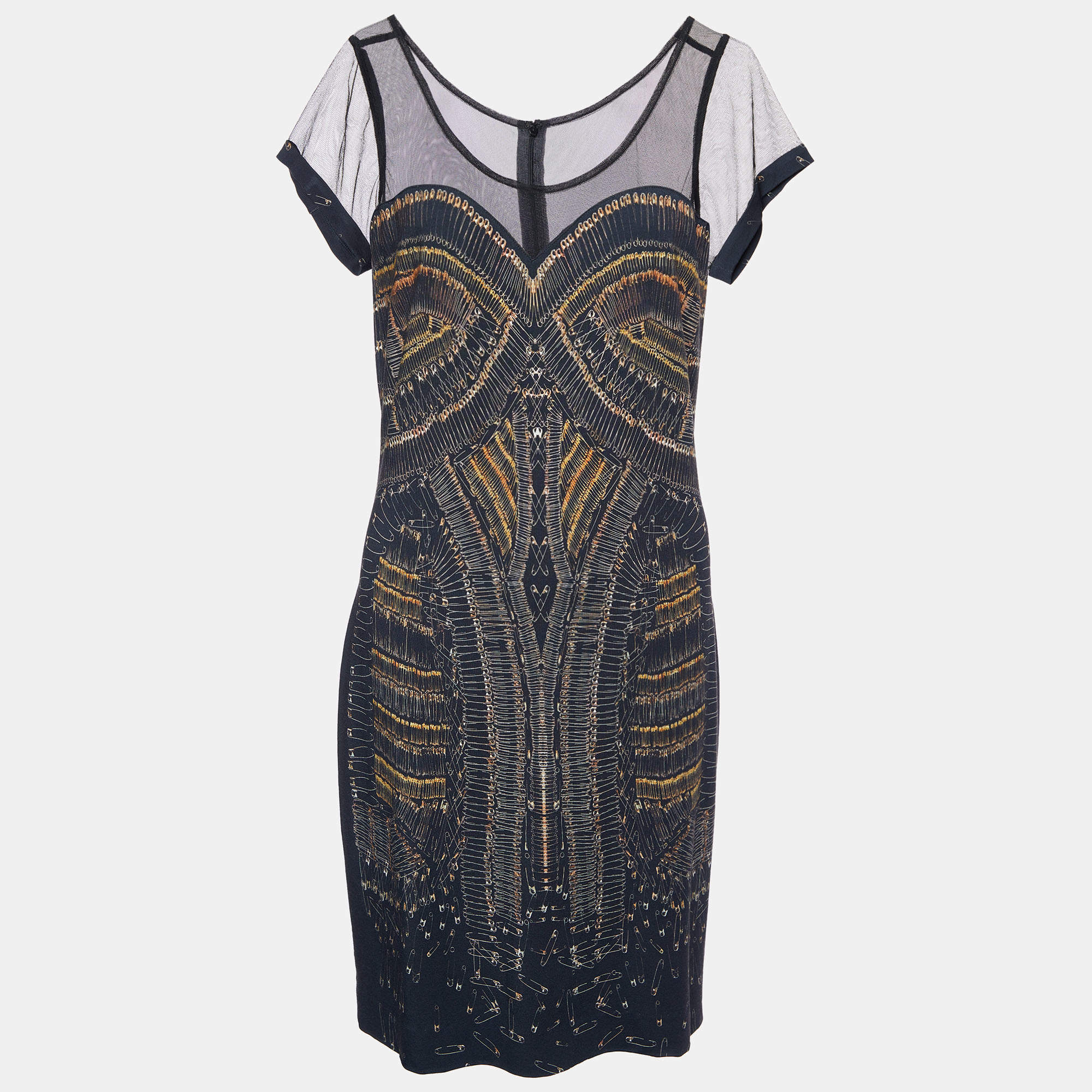 Pre Owned McQ by Alexander McQueen Black Printed Knit & Tulle Midi Dress M