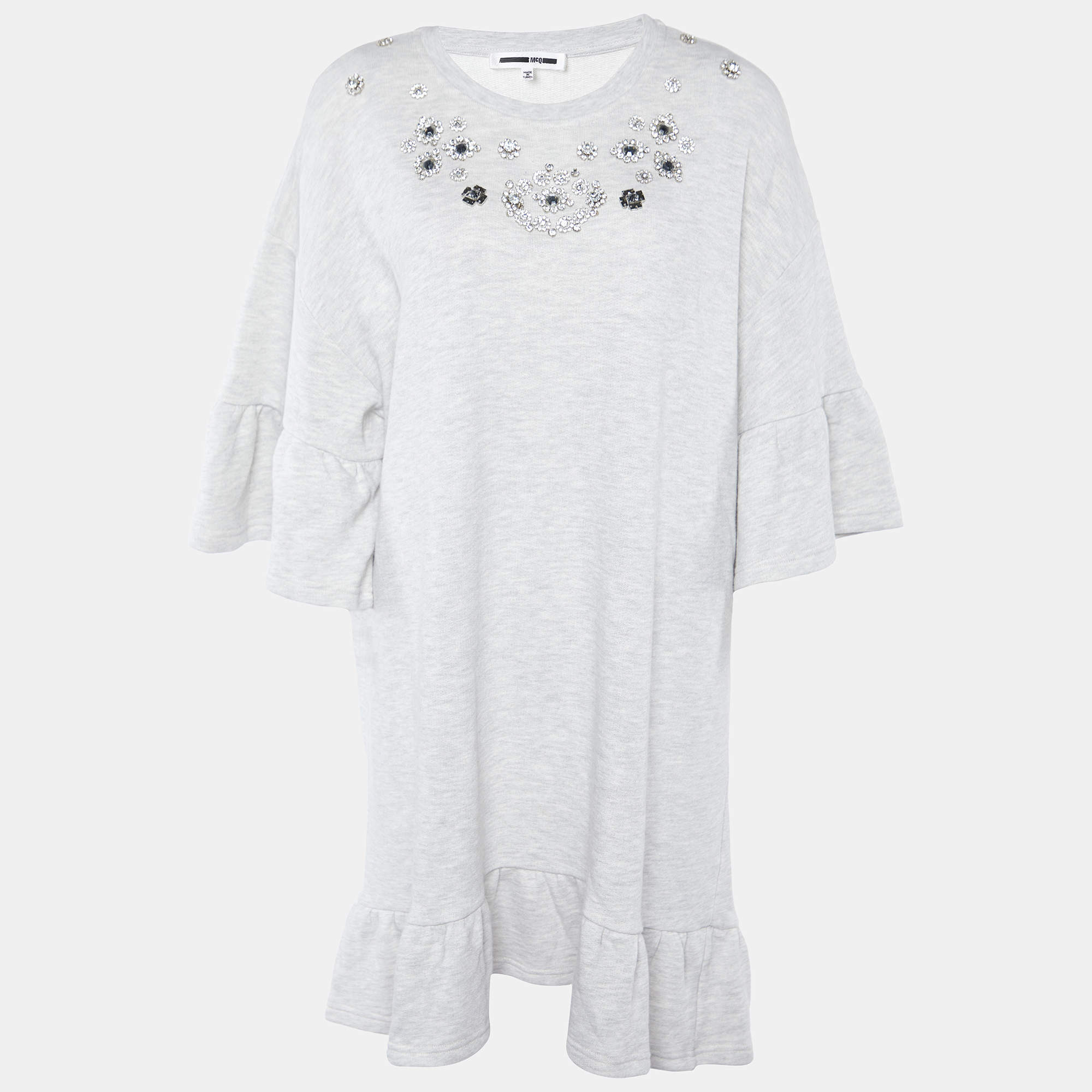 Pre Owned McQ by Alexander McQueen Grey Cotton Crystal Embellished Mini Dress M