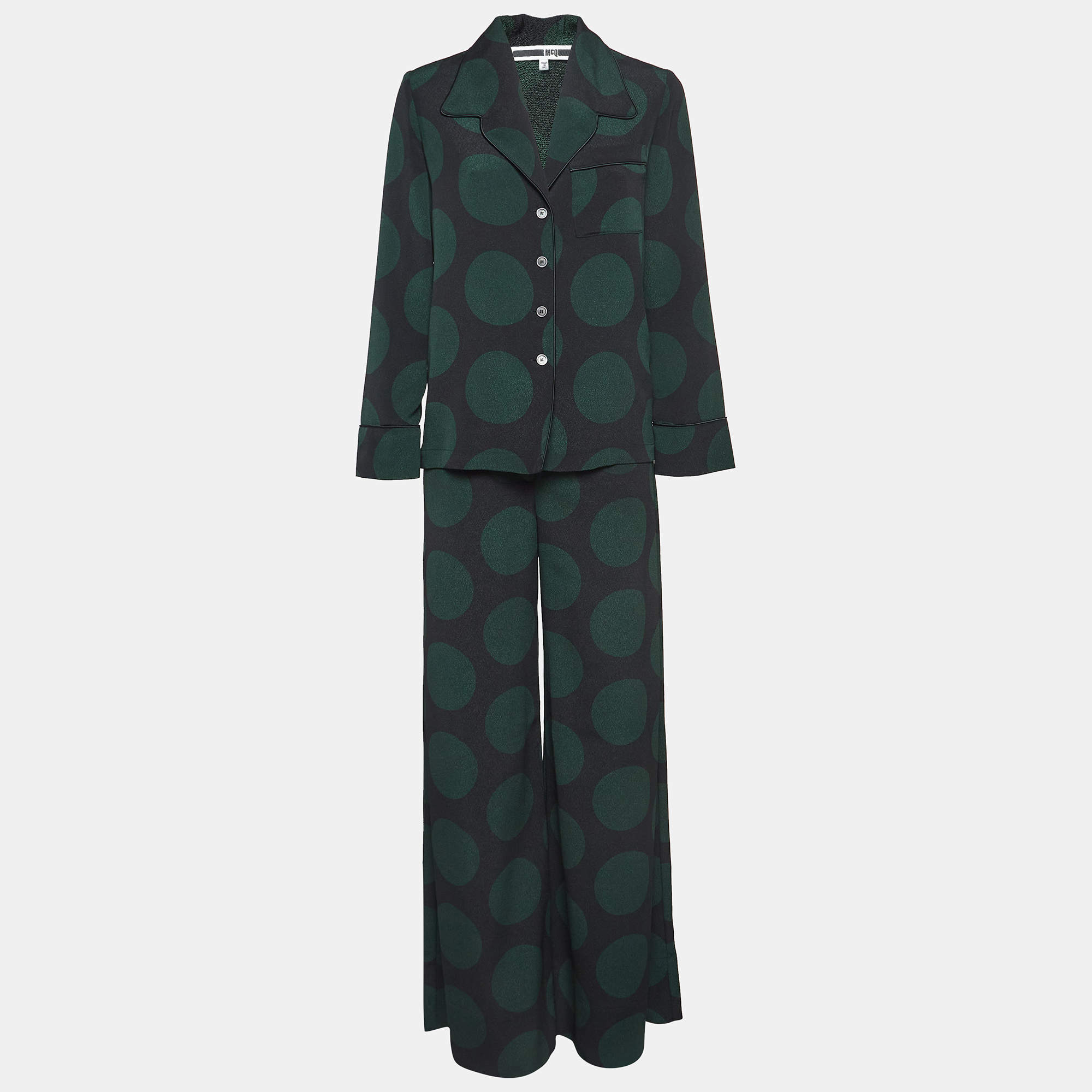 McQ by Alexander McQueen Black/Green Polka Dots Crepe Pajama Set S