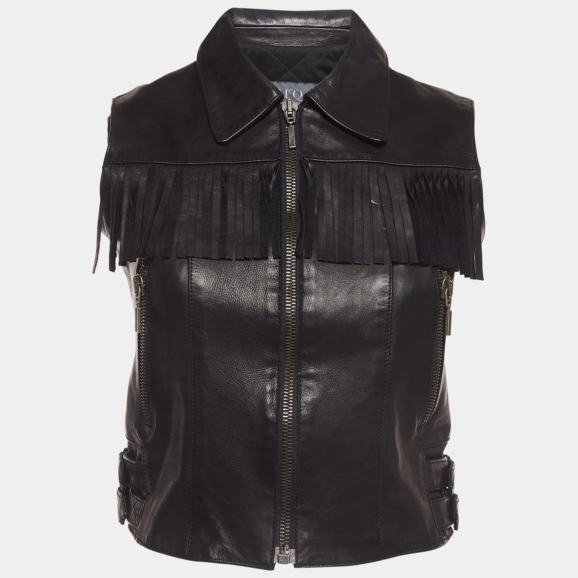 Pre Owned McQ by Alexander McQueen Black Leather Fringe Detailed Vest S