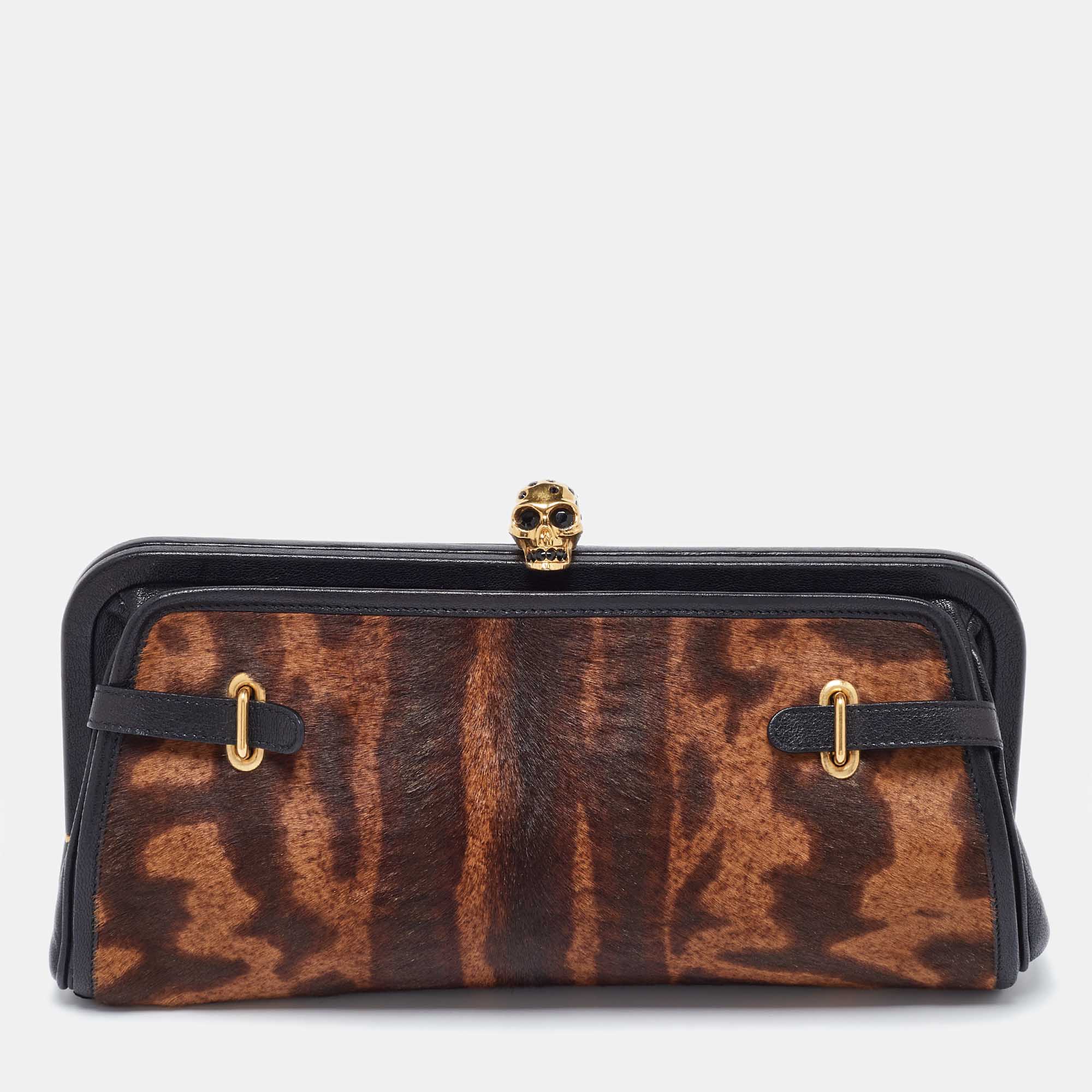 Pre Owned McQ by Alexander McQueen Brown/Black Leopard Print Calfhair Clutch
