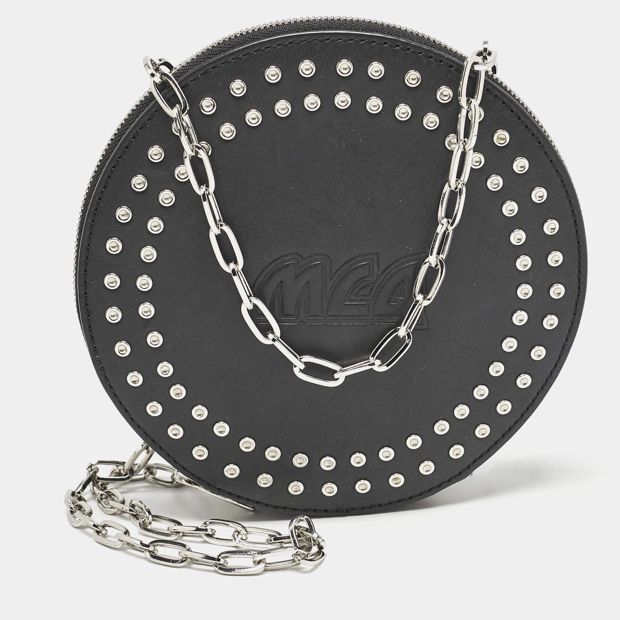 McQ by Alexander McQueen Black Leather Studded Round Chain Pouch