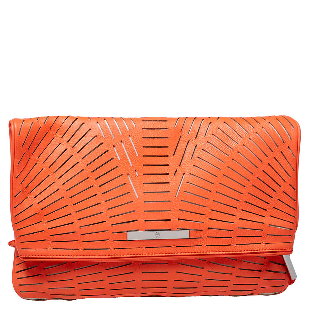 Pre Owned McQ by Alexander McQueen Neon Orange Laser Cut Fold Over Clutch