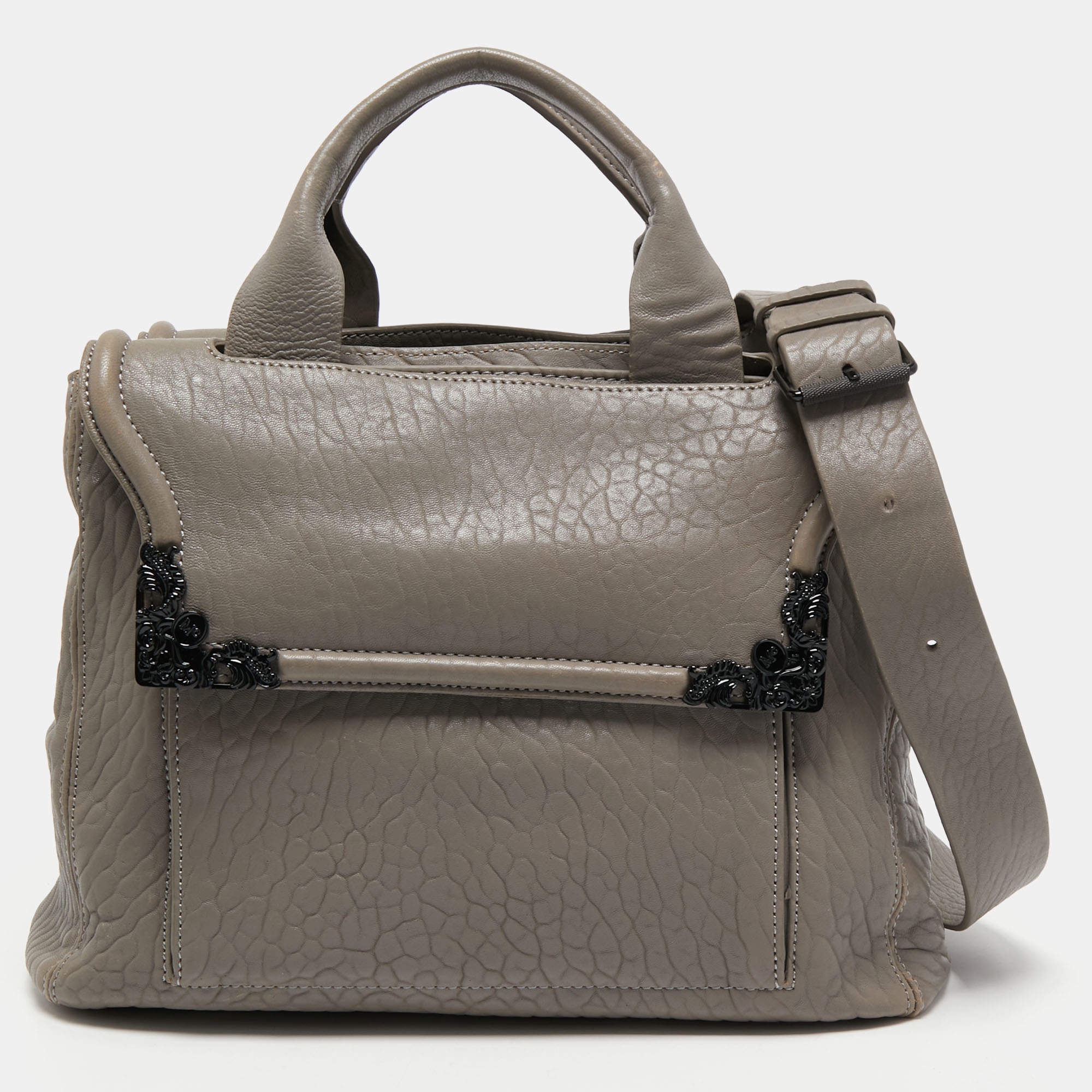 Pre Owned McQ by Alexander McQueen Grey Pebbled Leather Frame Flap Tote