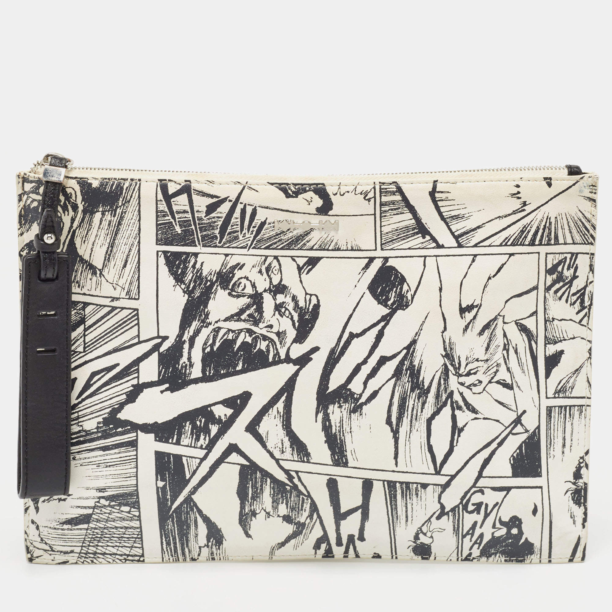Pre Owned McQ by Alexander McQueen White/Black Manga Print Leather Zip Pouch