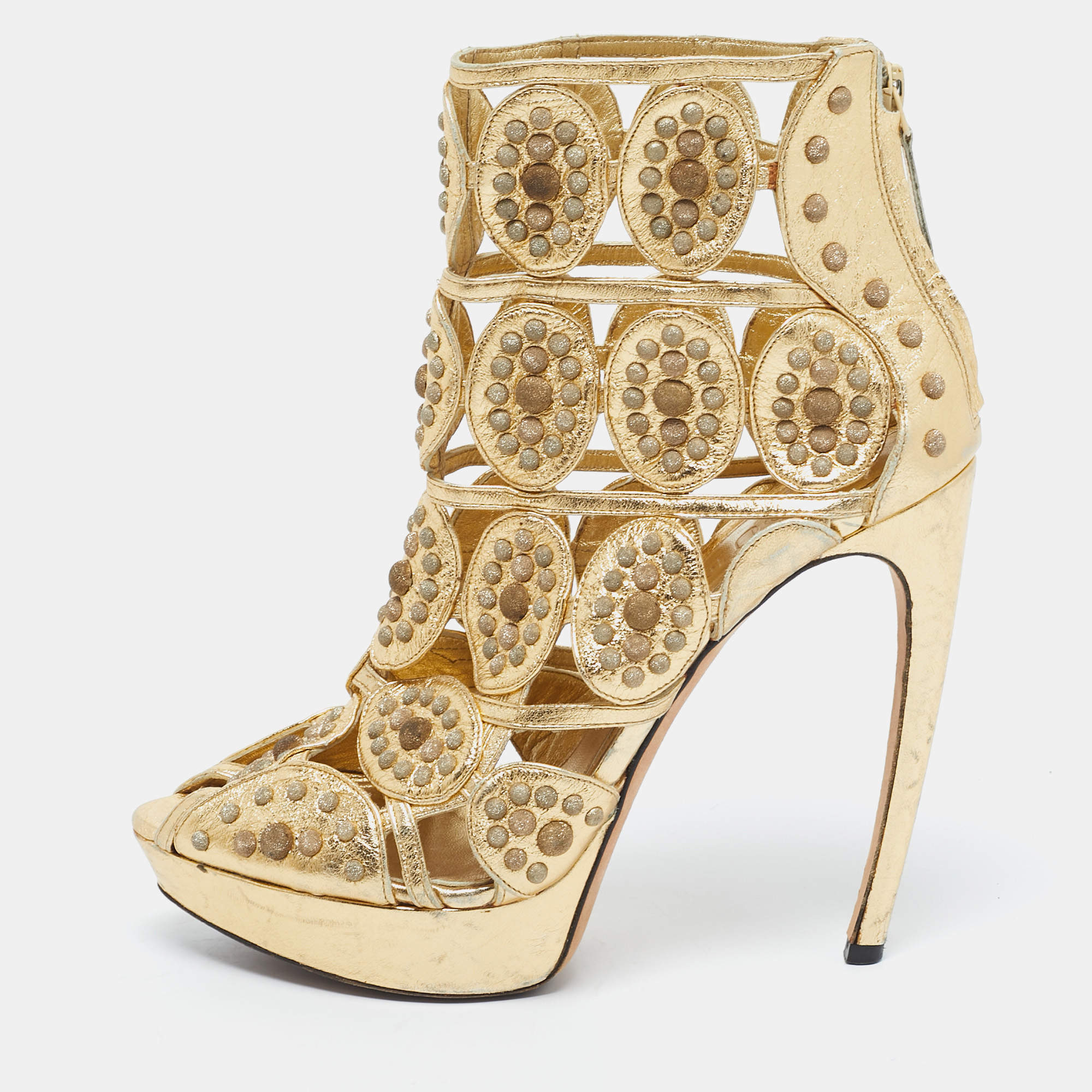 Pre Owned McQ by Alexander McQueen Gold Leather  Embellished Platform Sandals Size 40
