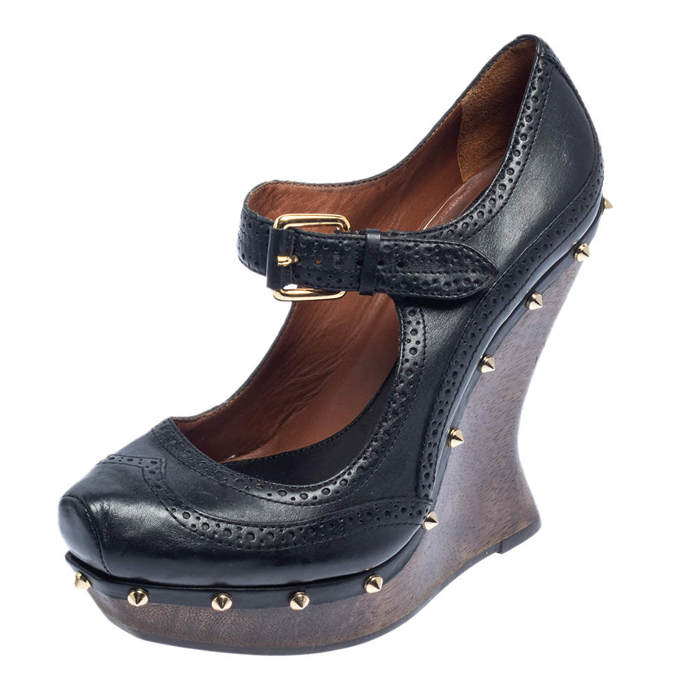 Pre Owned McQ By Alexander McQueen Black Leather Studded Wedge Pumps Size 38