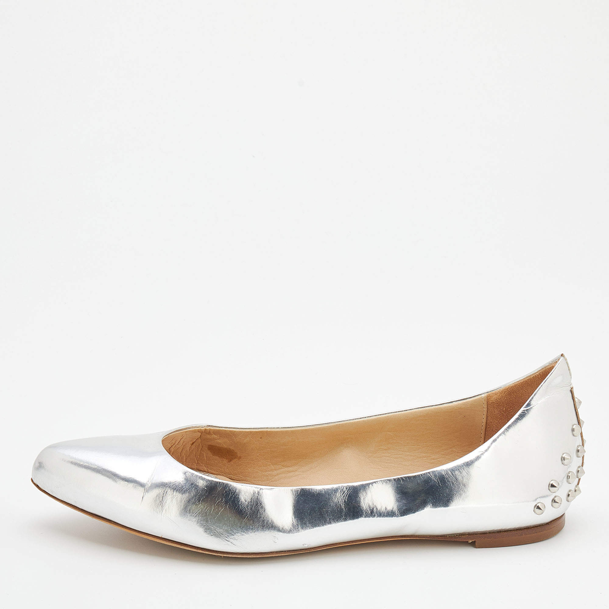 Pre Owned McQ by Alexander McQueen Silver Patent Leather Studded  Ballet Flats Size 41