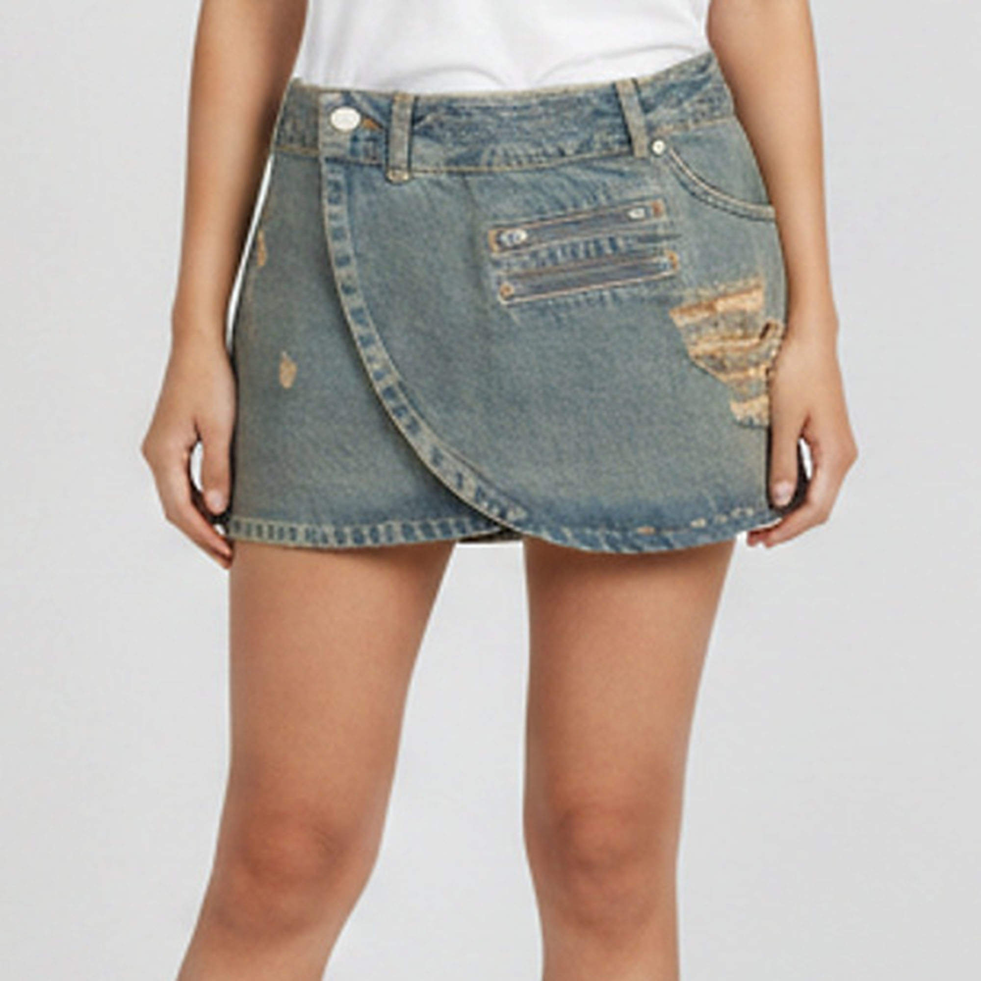 مملوكة مسبقًا Miaou Blue Distressed Denim Wrap Hunter Mini Skirt S