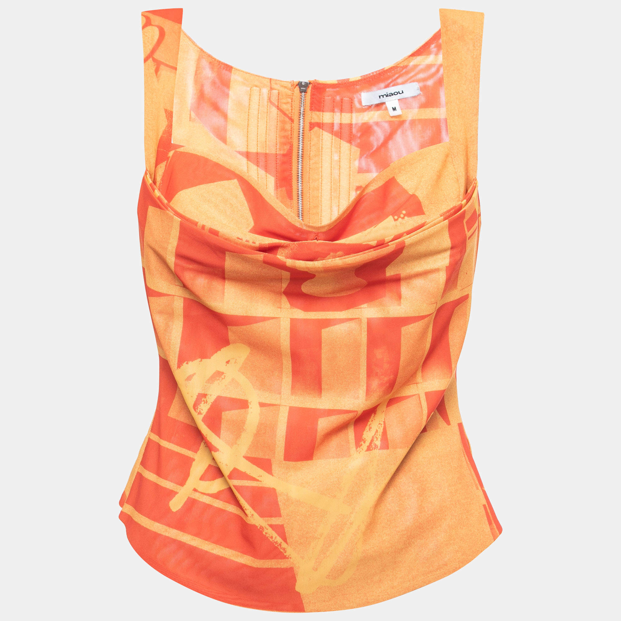 Miaou Orange Abstract Print Knit Sleeveless Corset Blouse M