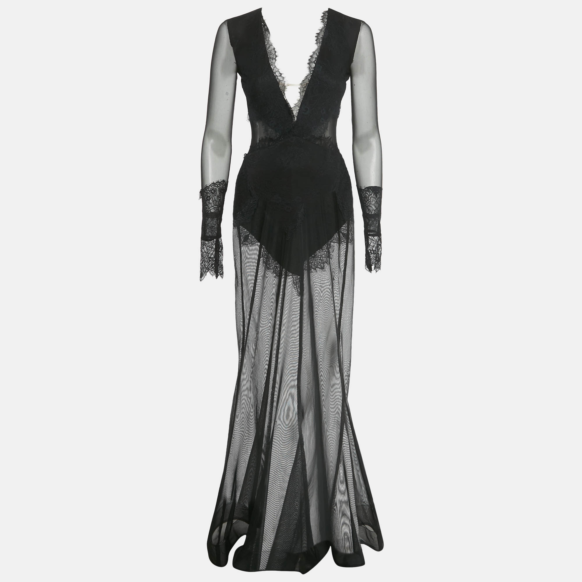مملوكة مسبقًا Michael Costello X Revolve Black Lace & Mesh Sheer Gown XXS